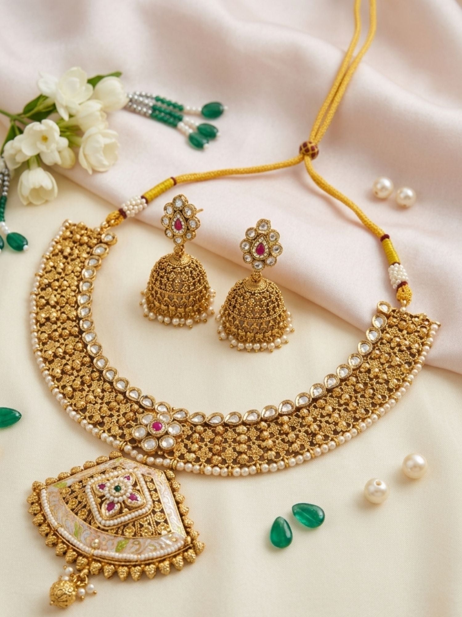 Classic Antique Gold Choker Set with Pearl Detailing & Jhumkas - necklace by Abdesigns Jewellery