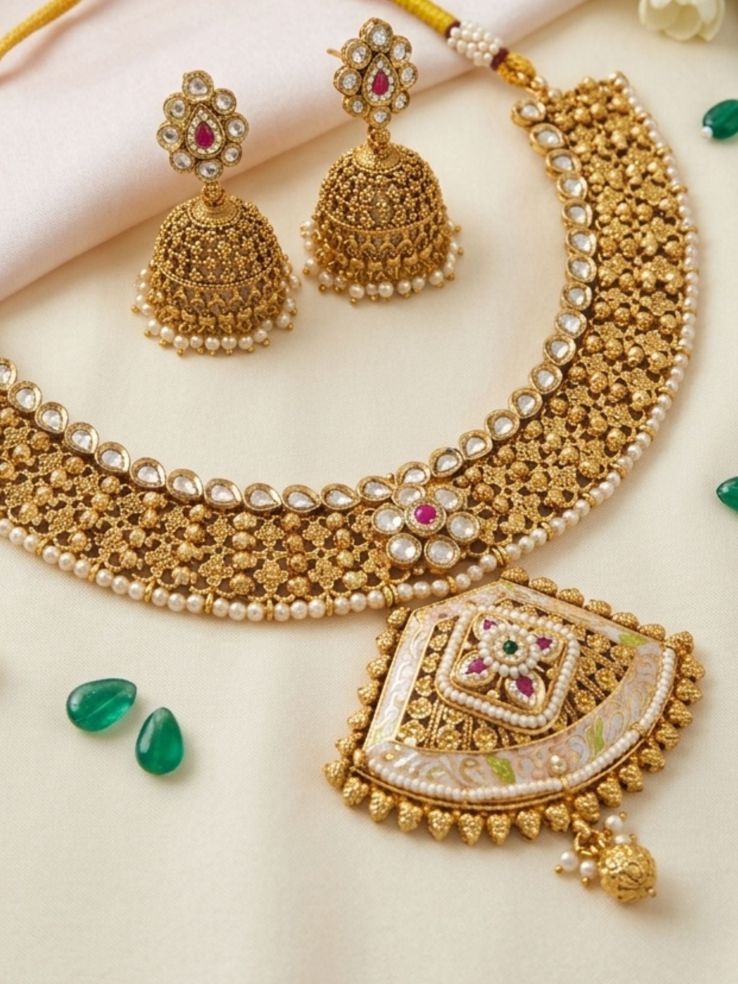 Classic Antique Gold Choker Set with Pearl Detailing & Jhumkas - necklace by Abdesigns Jewellery
