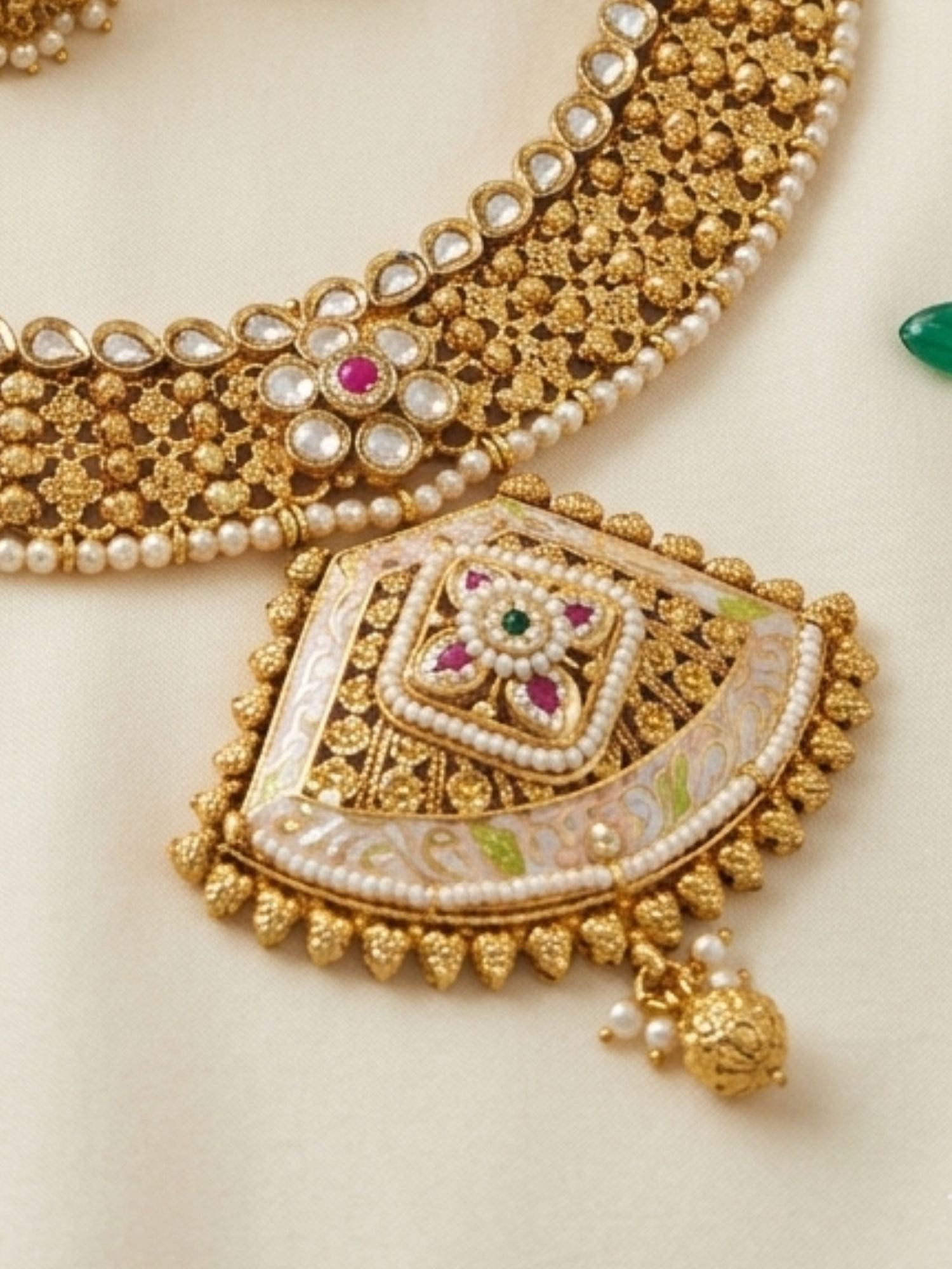Classic Antique Gold Choker Set with Pearl Detailing & Jhumkas - necklace by Abdesigns Jewellery
