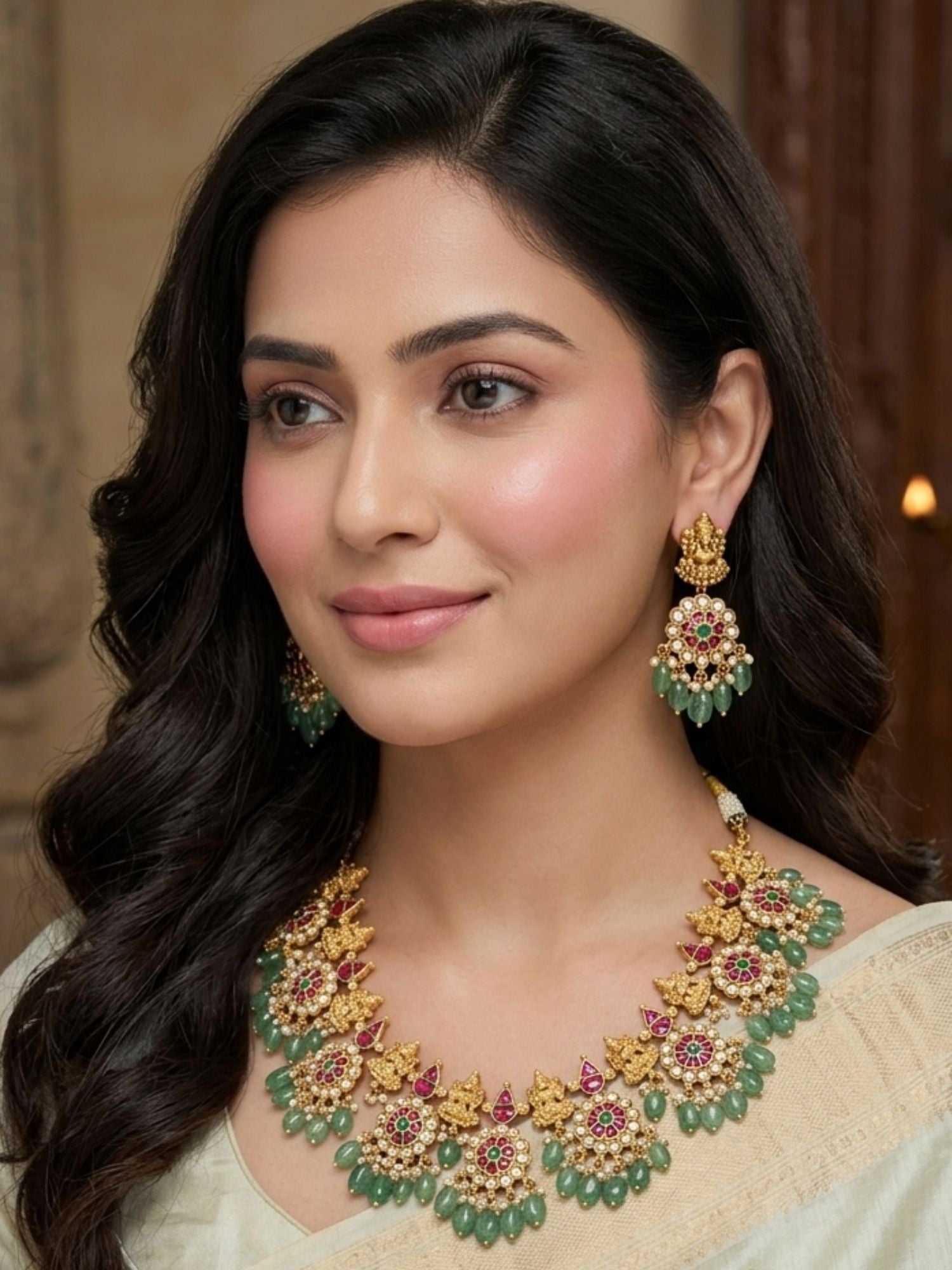 Temple Kundan Choker Set with Lakshmi Motifs & Green Drops - necklace by Abdesigns Jewellery