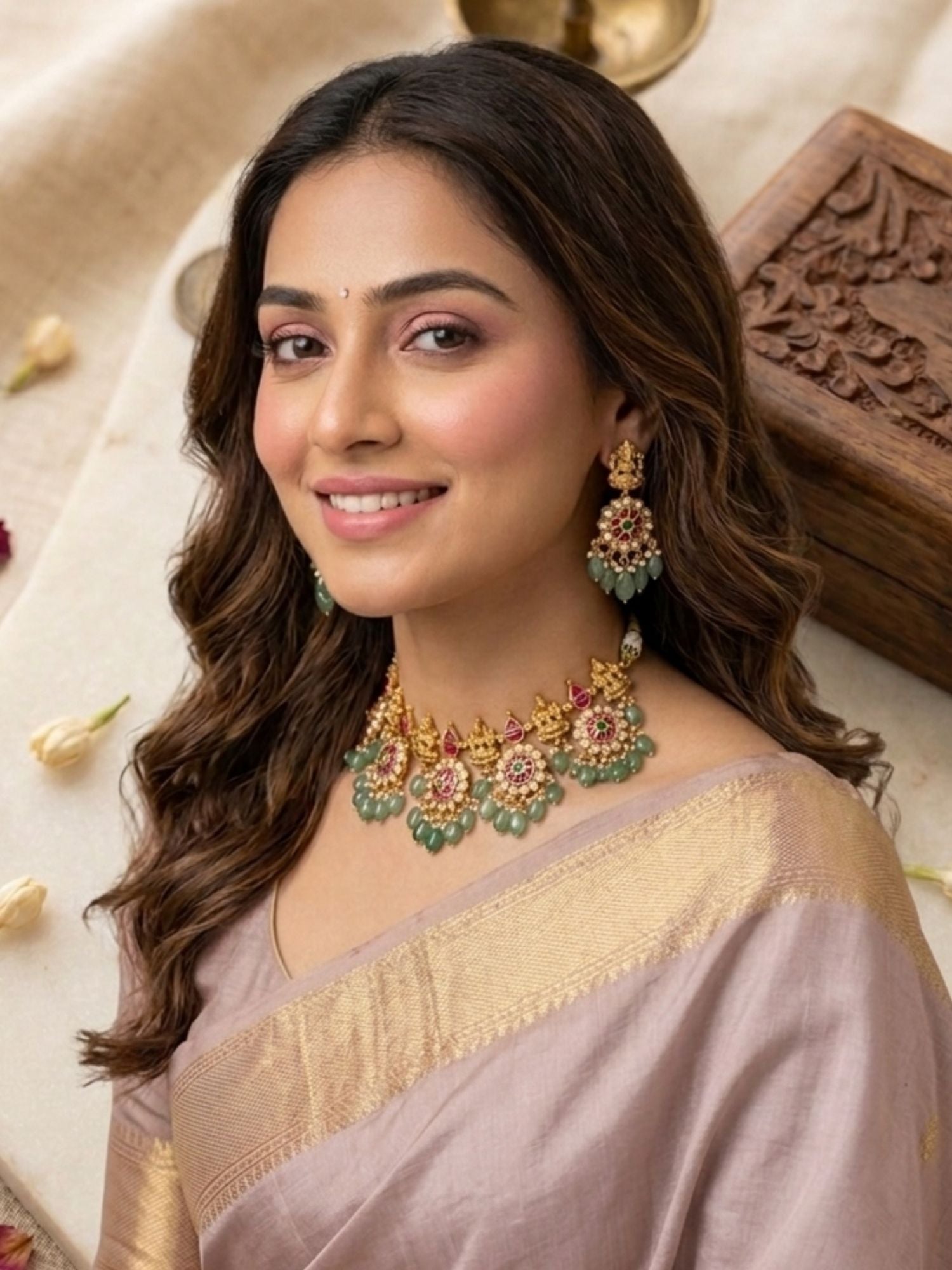 Abdesigns temple kundan choker set with lakshmi motifs and green drops south indian jewellery