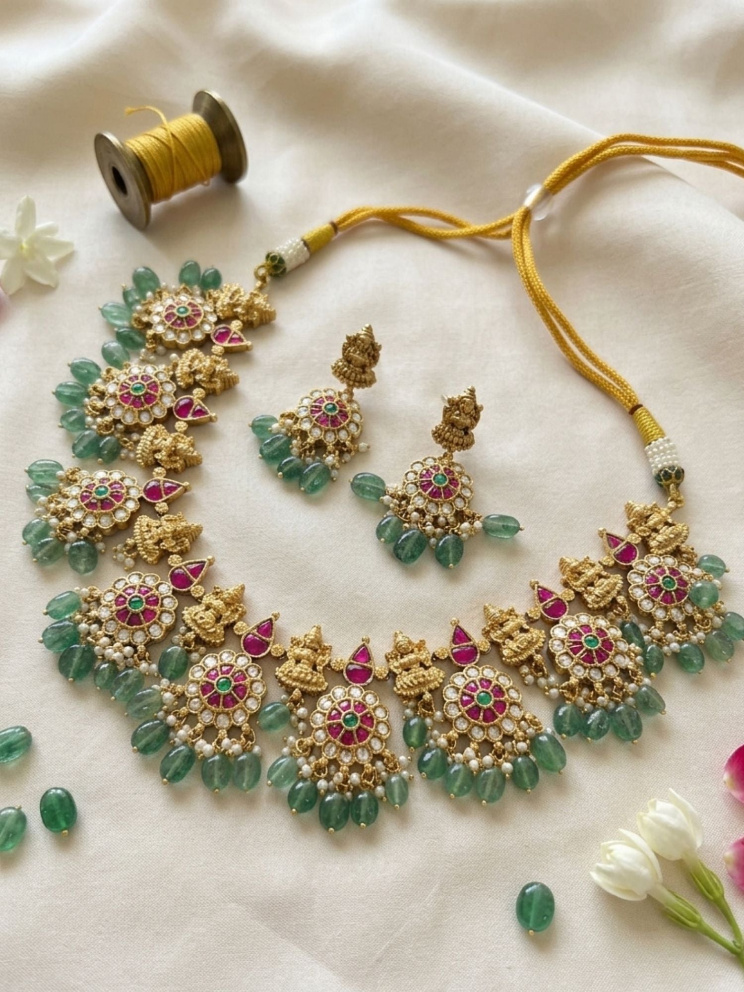Temple Kundan Choker Set with Lakshmi Motifs & Green Drops - necklace by Abdesigns Jewellery