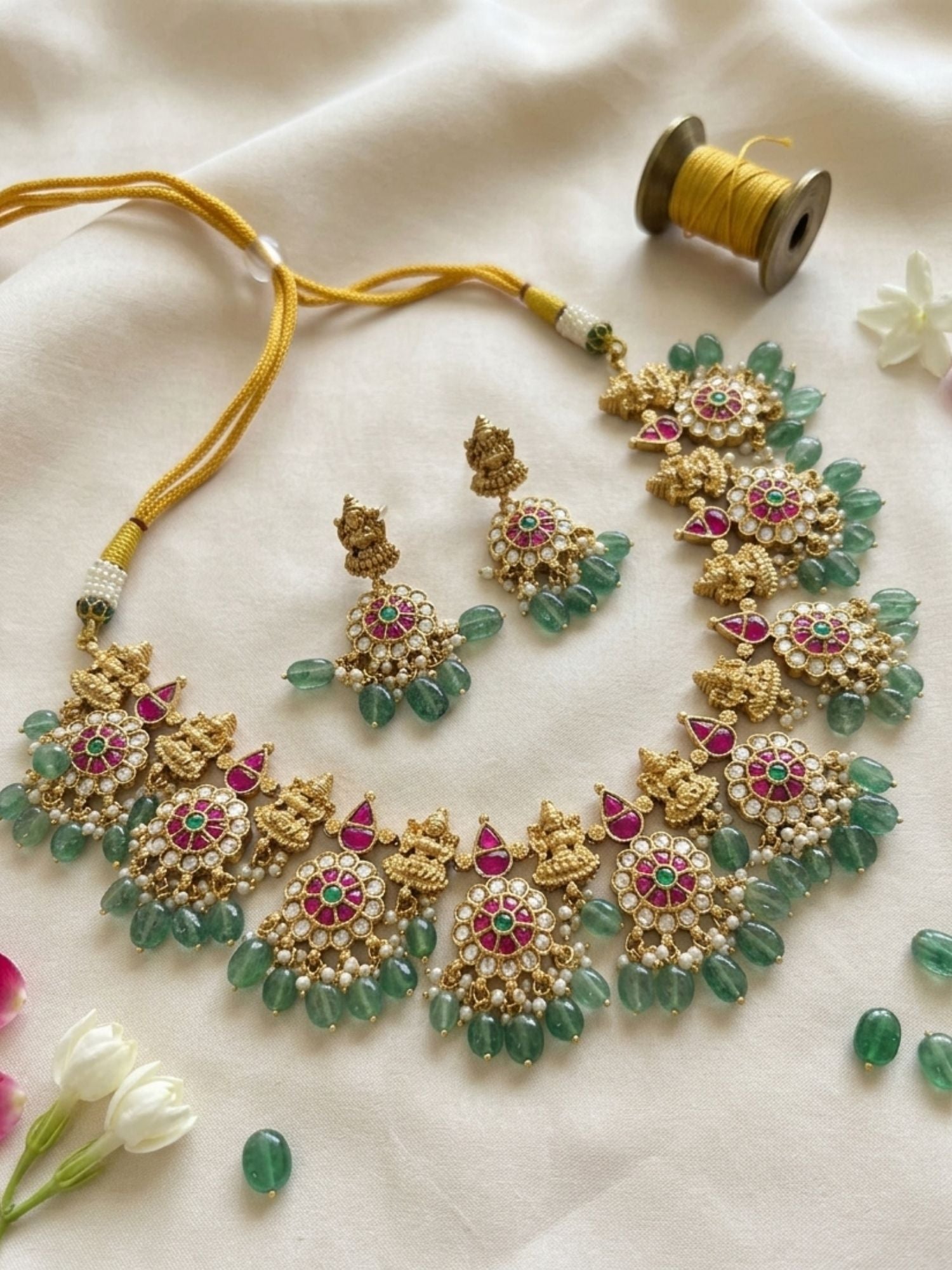Temple Kundan Choker Set with Lakshmi Motifs & Green Drops - necklace by Abdesigns Jewellery