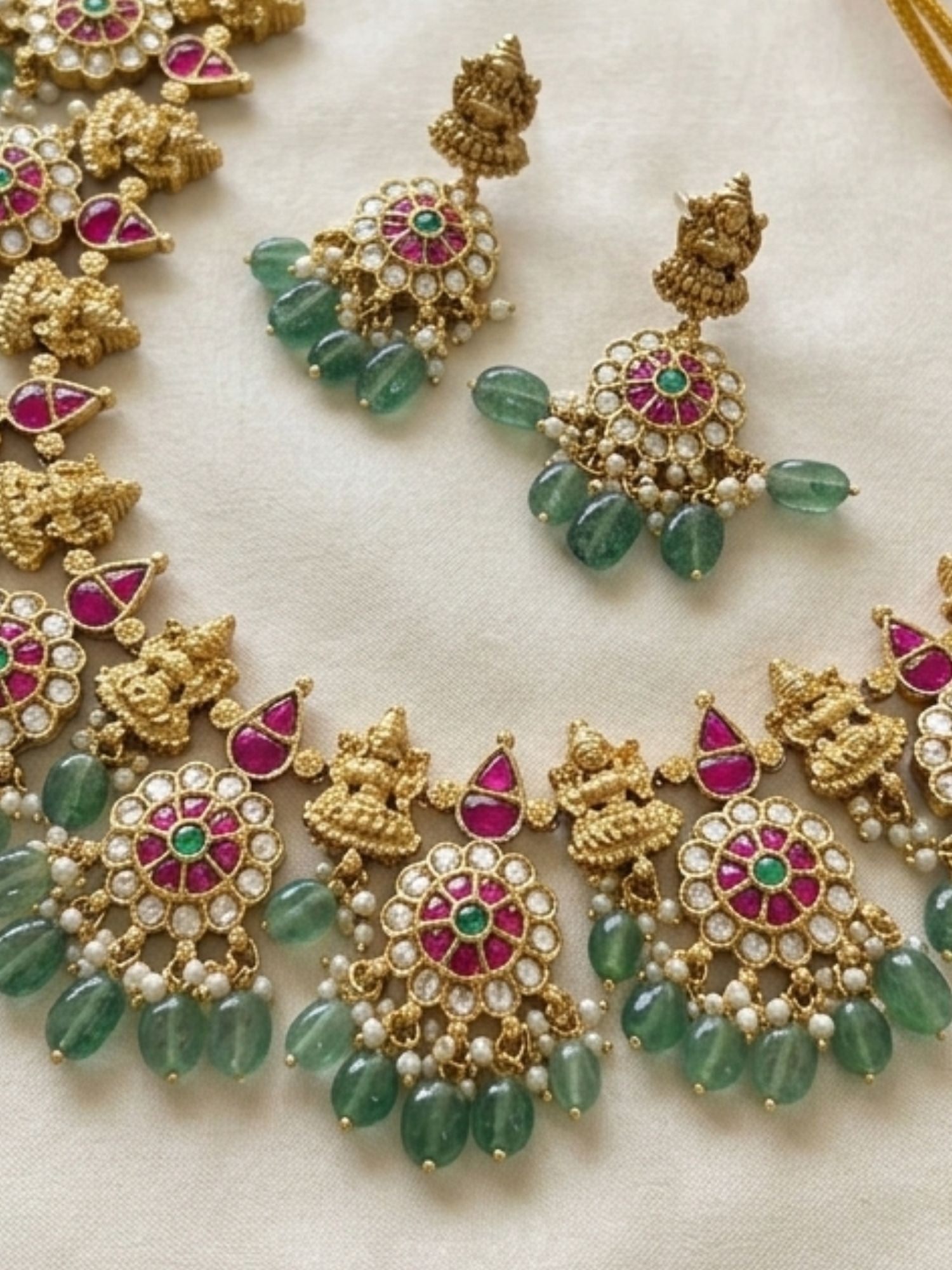 Temple Kundan Choker Set with Lakshmi Motifs & Green Drops - necklace by Abdesigns Jewellery