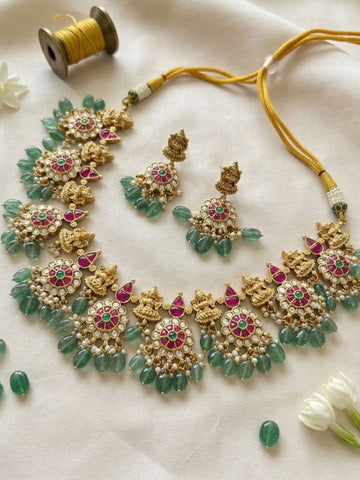 Temple Kundan Choker Set with Lakshmi Motifs & Green Drops - necklace by Abdesigns Jewellery