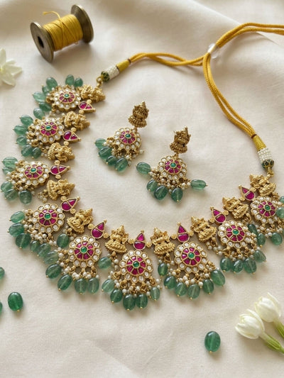 Abdesigns Temple Kundan Choker Set with Lakshmi Motifs & Green Drops