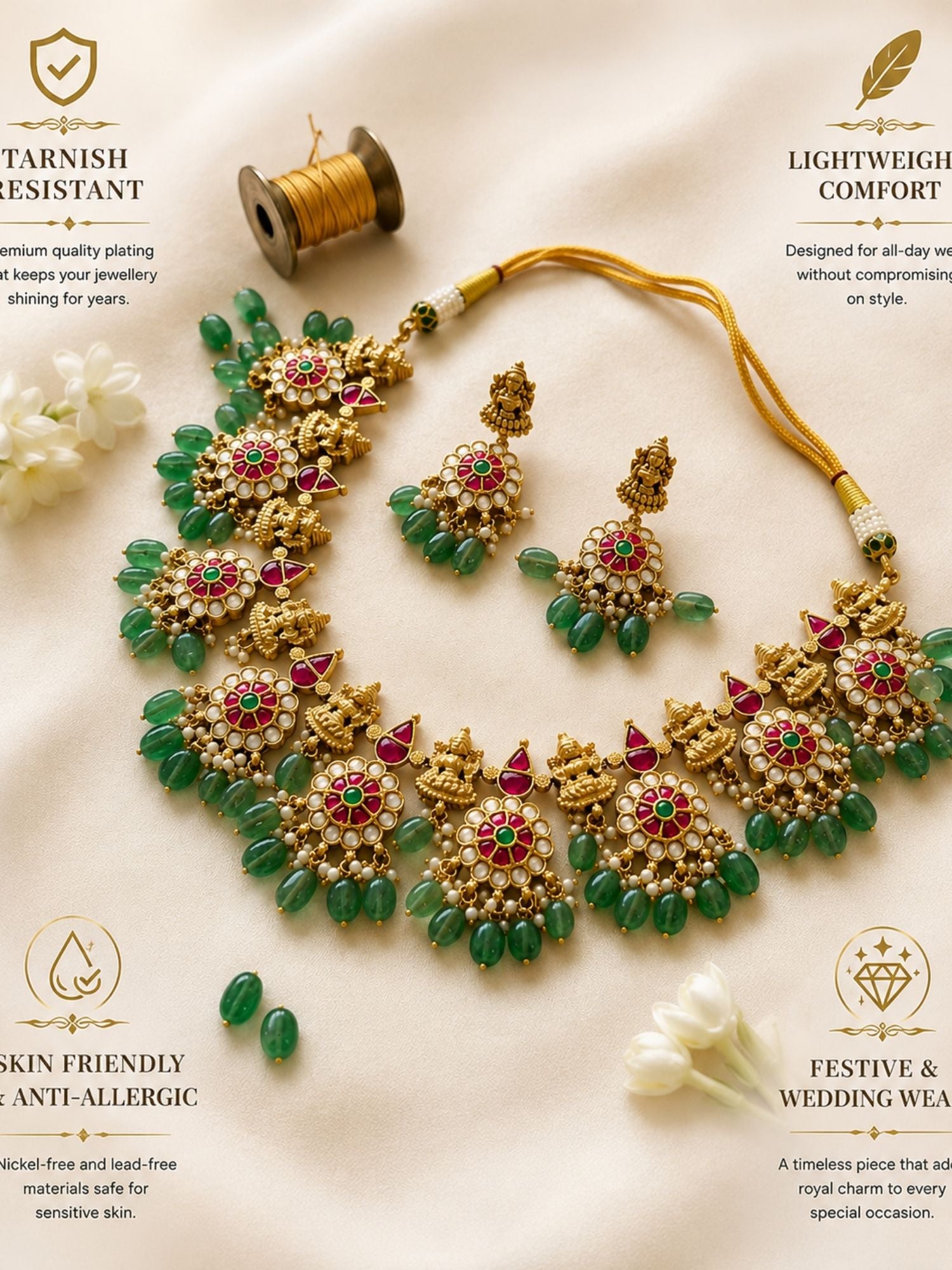 Temple Kundan Choker Set with Lakshmi Motifs & Green Drops - necklace by Abdesigns Jewellery