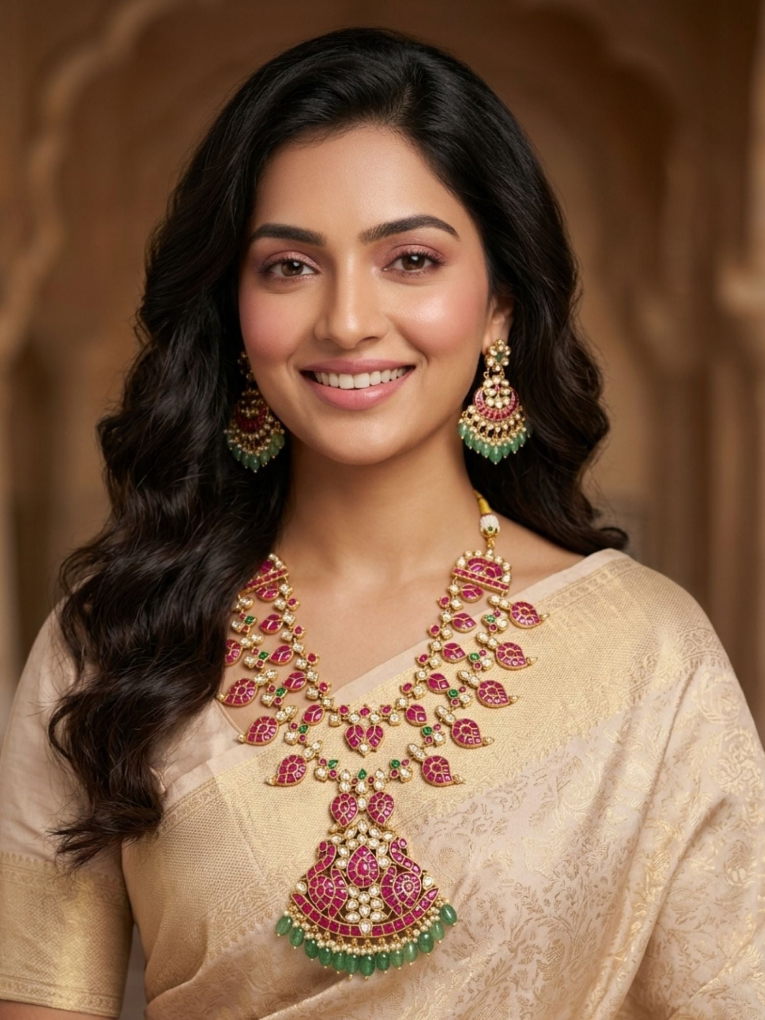 Abdesigns Rani Pink Kundan Bridal Long Necklace Set with Emerald Drops