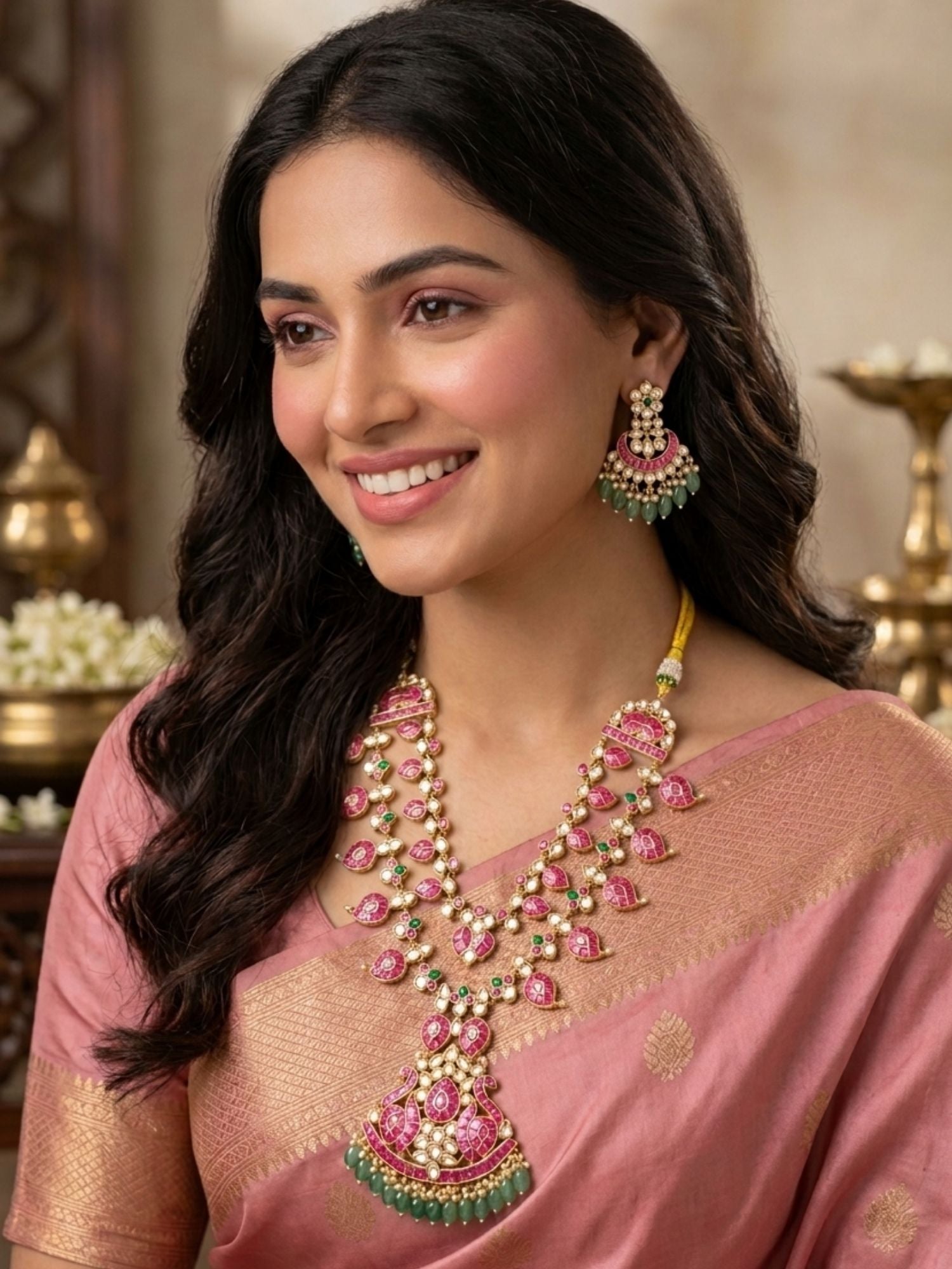 Abdesigns rani pink kundan bridal long necklace set with emerald drops wedding jewellery
