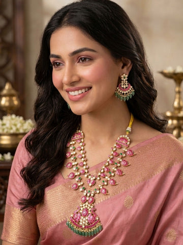 Abdesigns rani pink kundan bridal long necklace set with emerald drops wedding jewellery