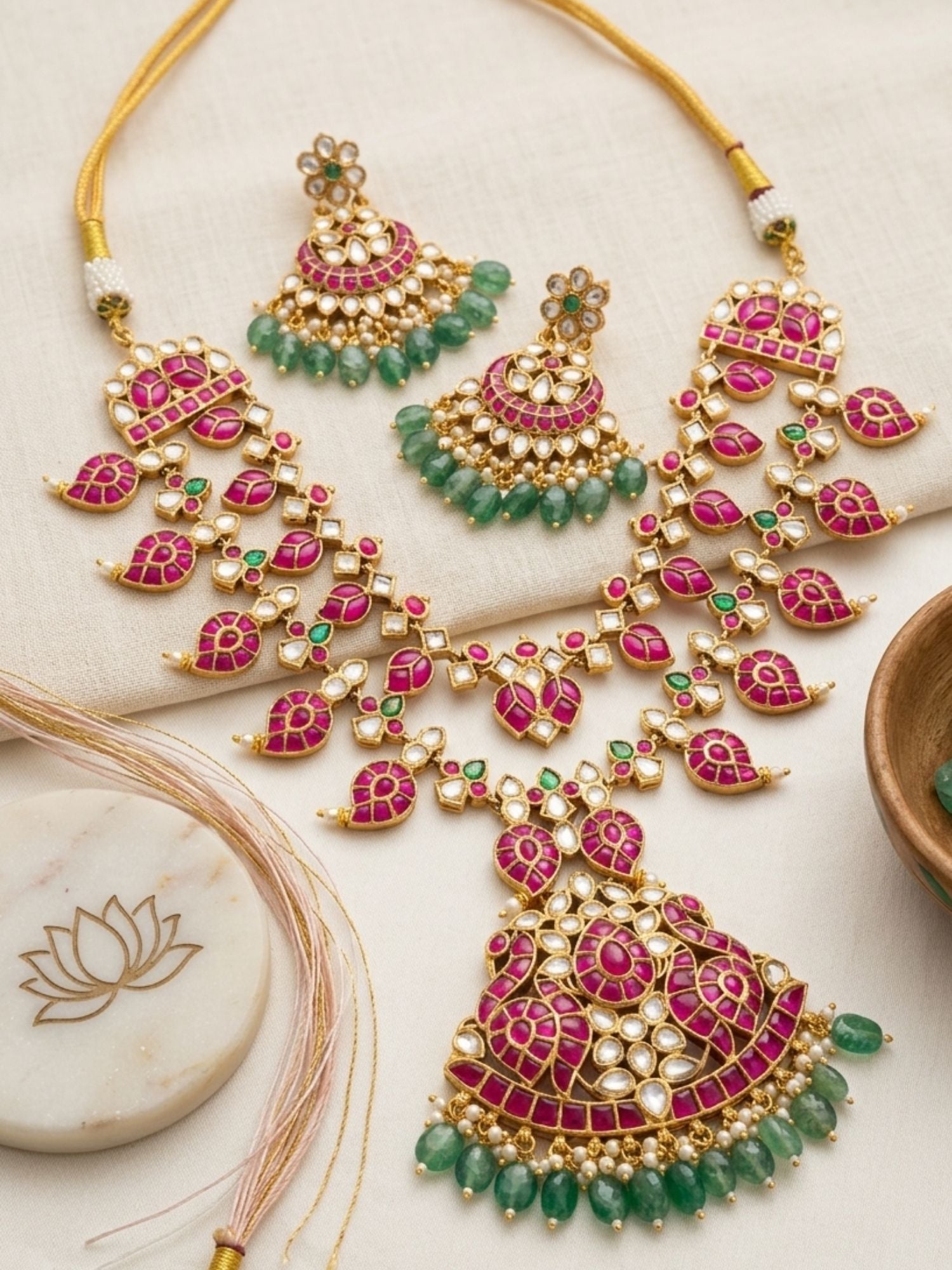 Abdesigns Rani Pink Kundan Bridal Long Necklace Set with Emerald Drops