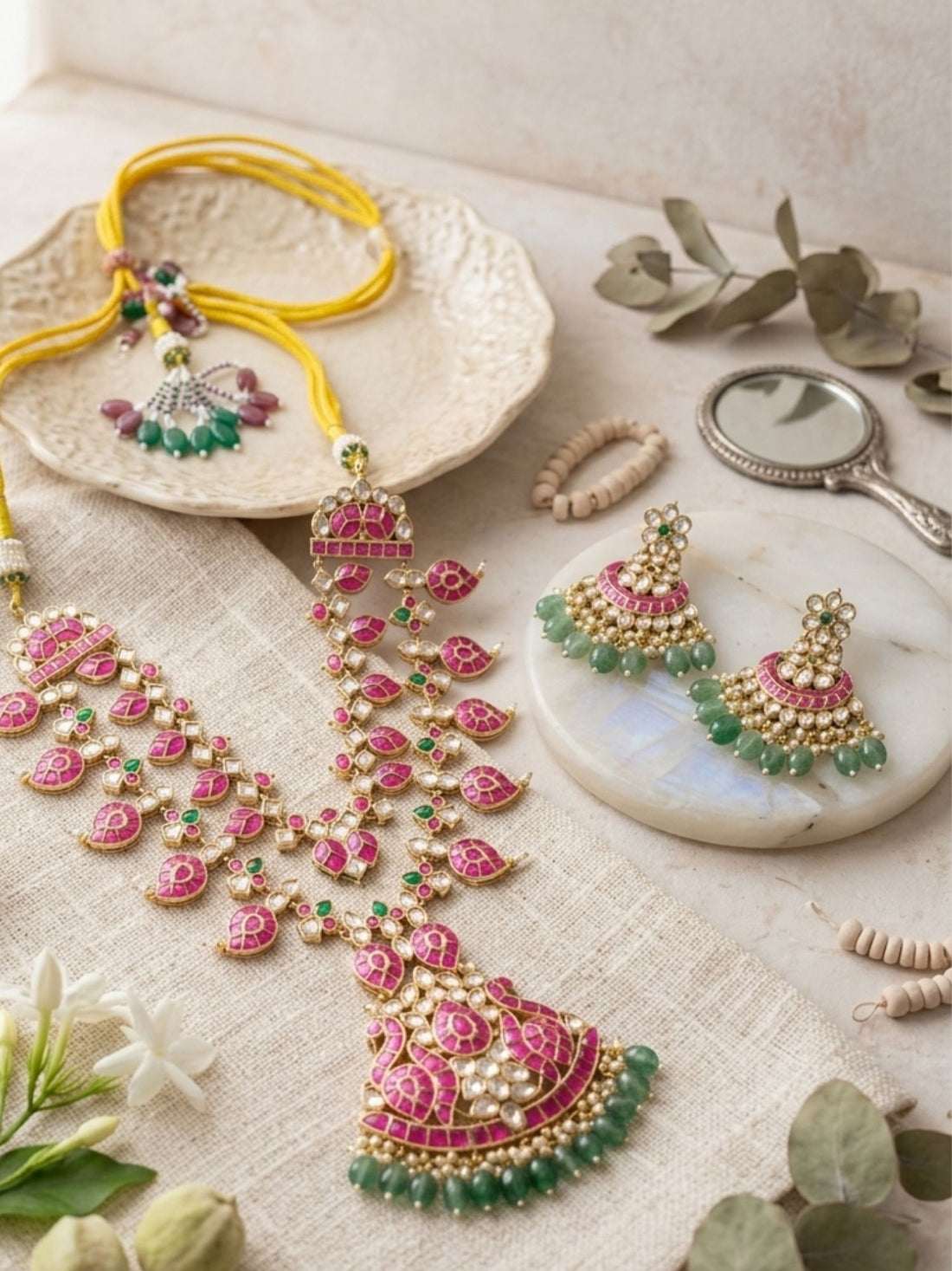 Abdesigns rani pink kundan bridal long necklace set with emerald drops wedding jewellery