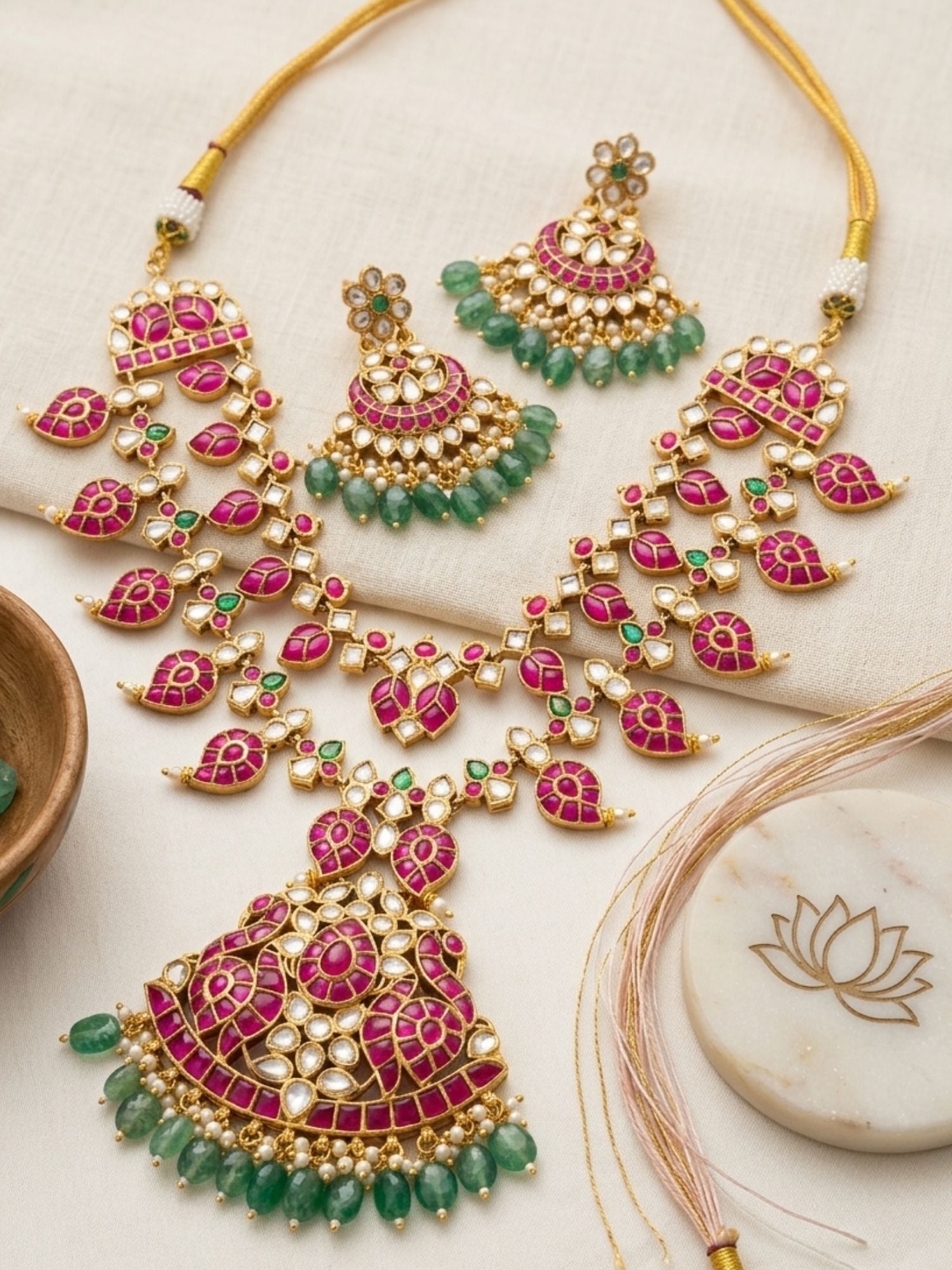 Abdesigns Rani Pink Kundan Bridal Long Necklace Set with Emerald Drops