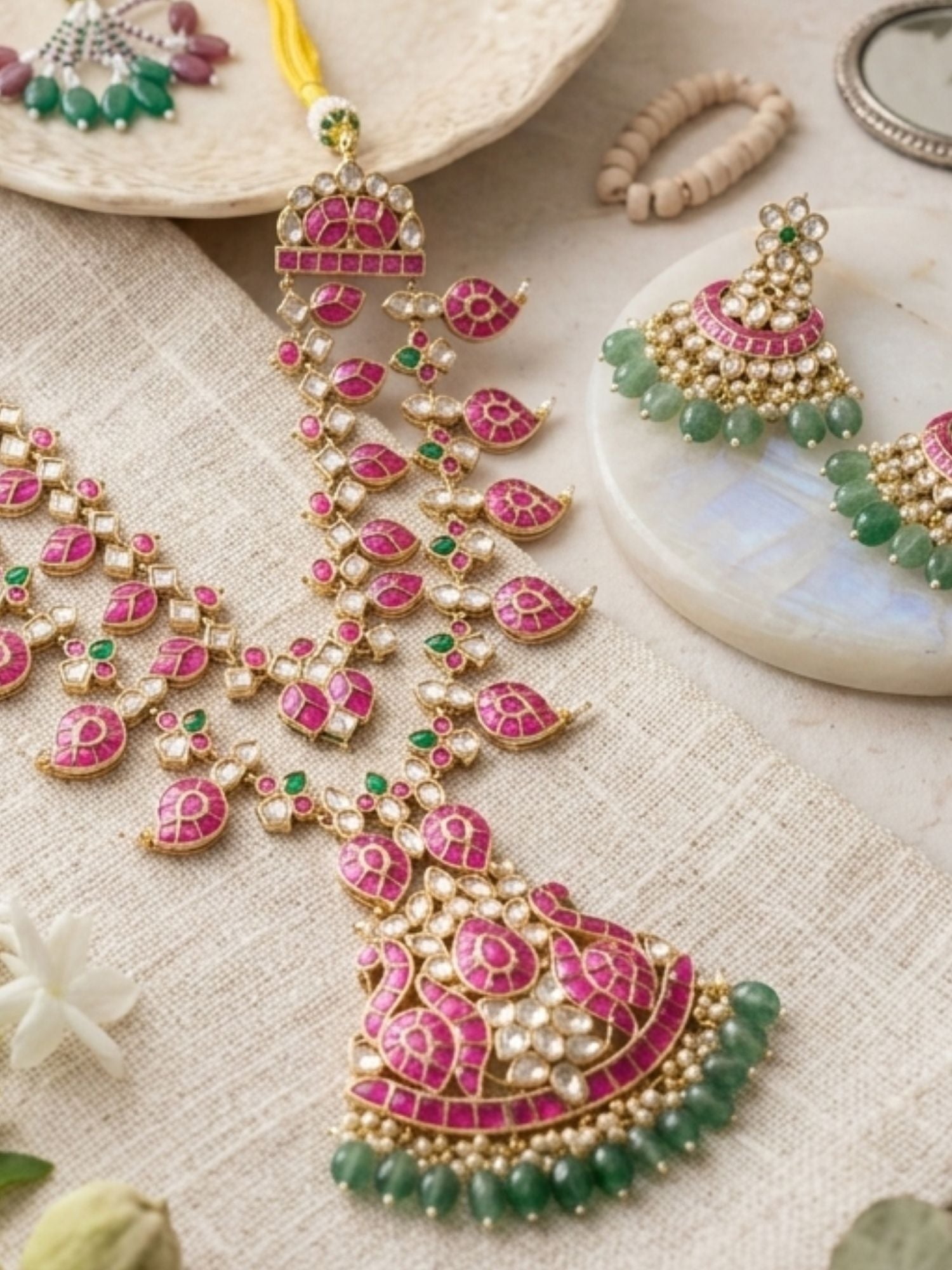 Abdesigns Rani Pink Kundan Bridal Long Necklace Set with Emerald Drops