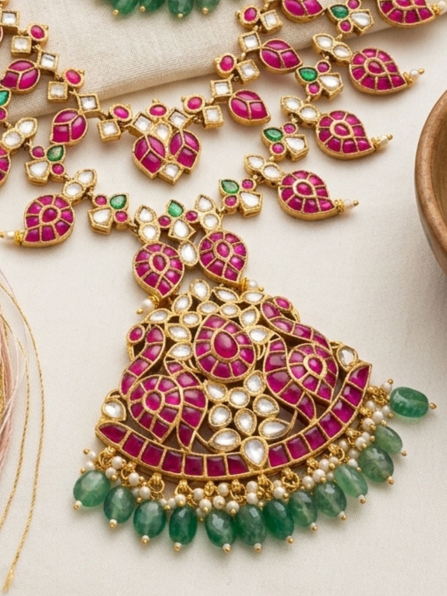 Abdesigns Rani Pink Kundan Bridal Long Necklace Set with Emerald Drops