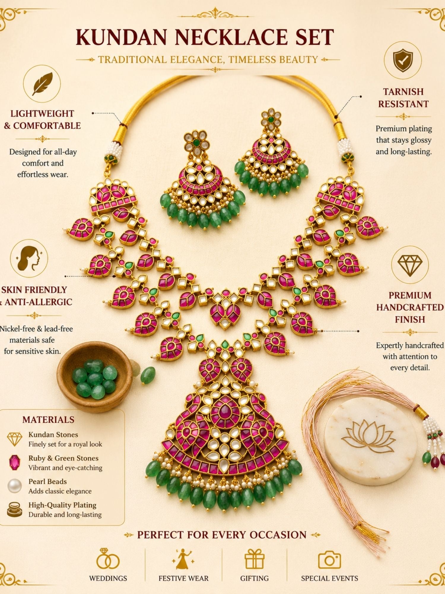 Abdesigns Rani Pink Kundan Bridal Long Necklace Set with Emerald Drops