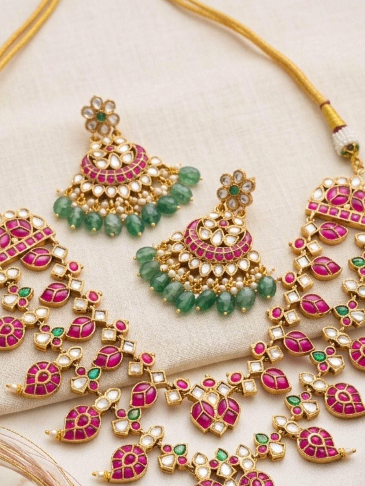 Abdesigns Rani Pink Kundan Bridal Long Necklace Set with Emerald Drops