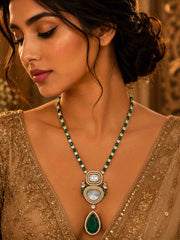 Victorian Gold Plated Emerald Polki Peacock Necklace Set