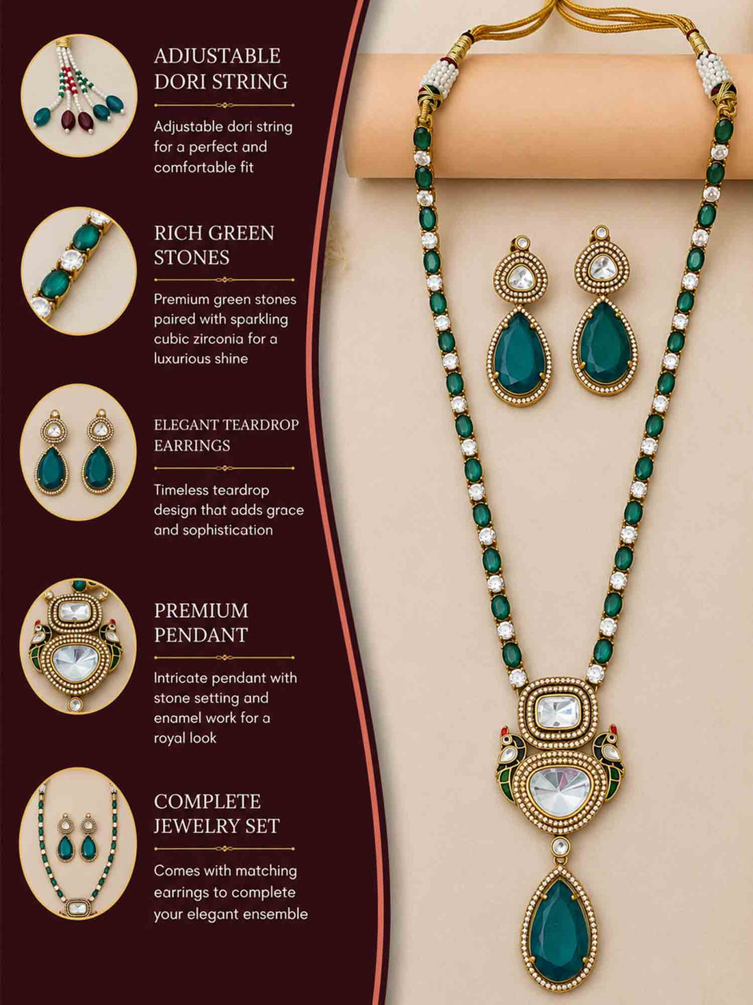 Victorian Gold Plated Emerald Polki Peacock Necklace Set - necklace by Abdesigns Jewellery
