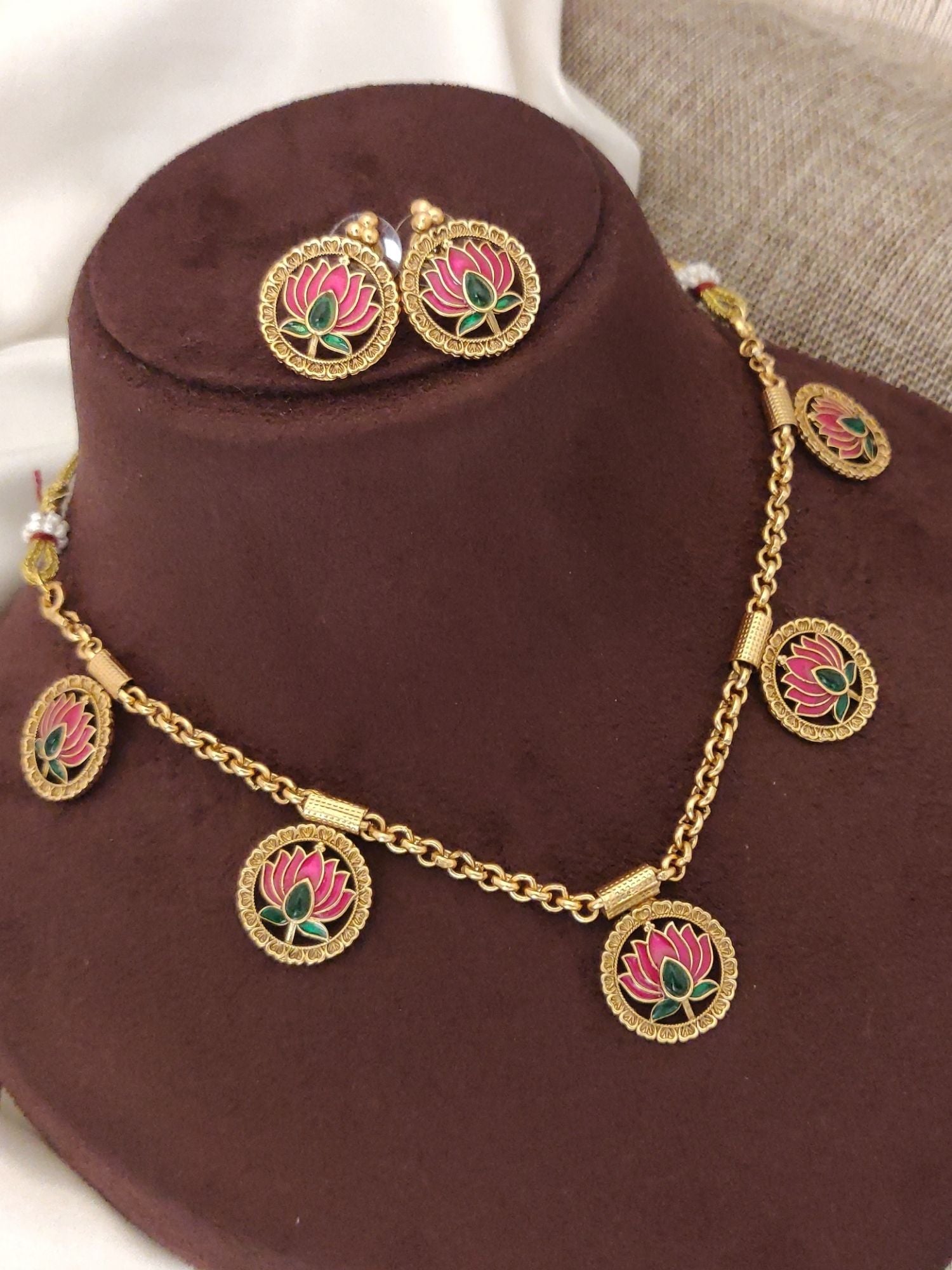 Gold Plated Meenakari Handprinted Lotus Necklace Set - necklace by Abdesigns Jewellery