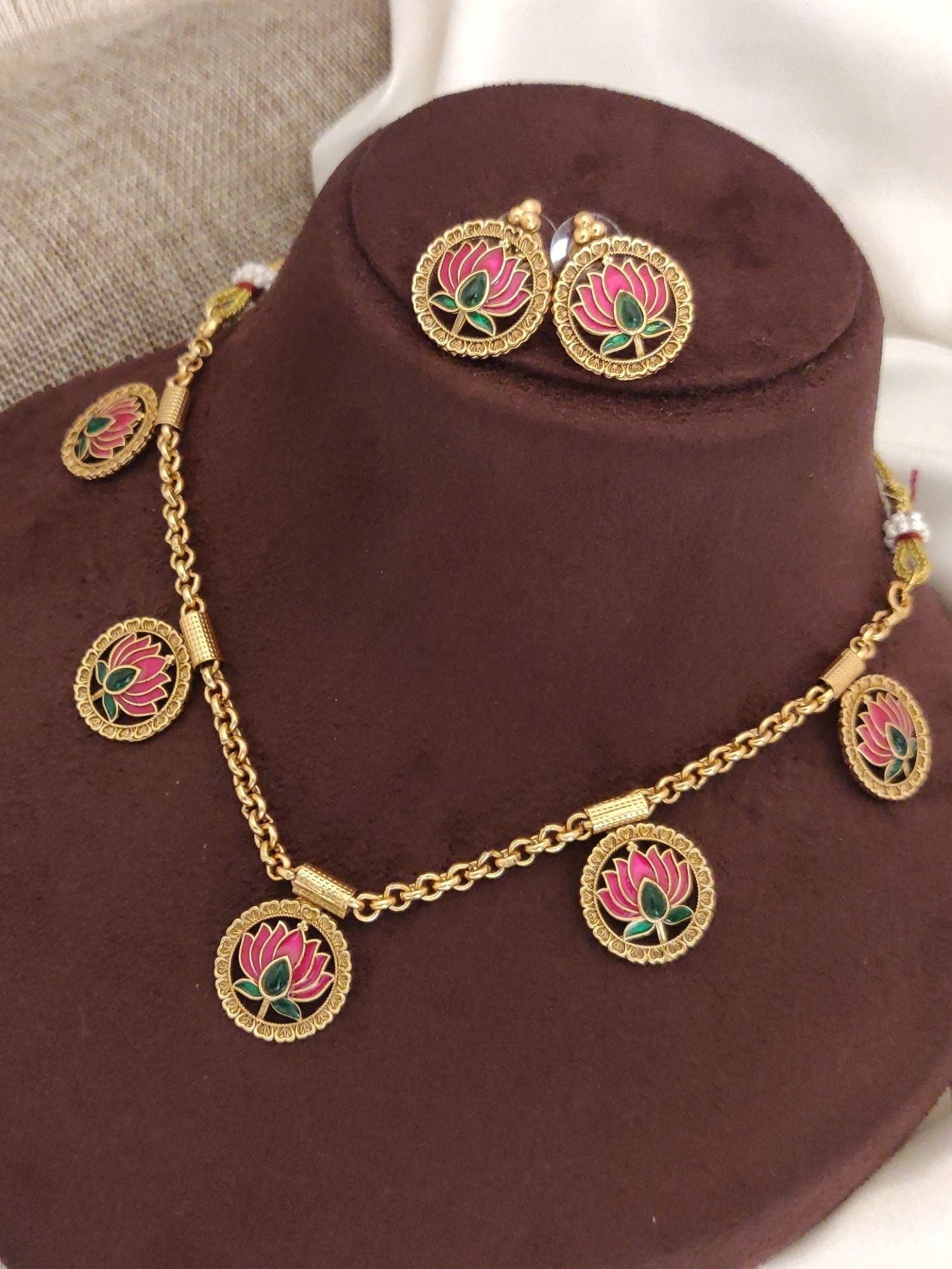 Gold Plated Meenakari Handprinted Lotus Necklace Set - necklace by Abdesigns Jewellery