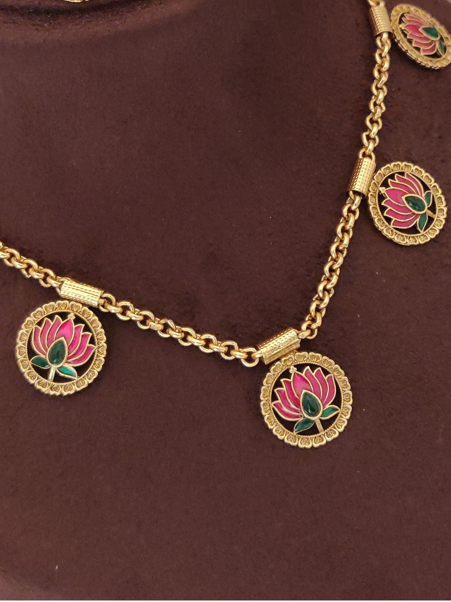 Gold Plated Meenakari Handprinted Lotus Necklace Set - necklace by Abdesigns Jewellery