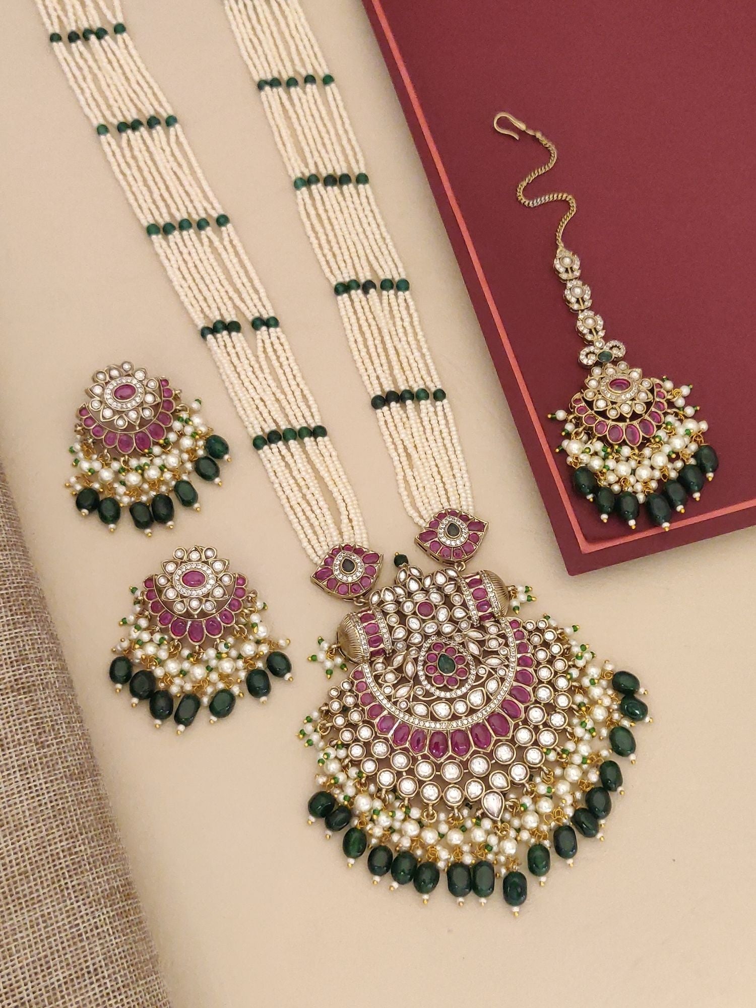 Abdesigns Gold Plated Long Bridal Polki Stone Necklace Set