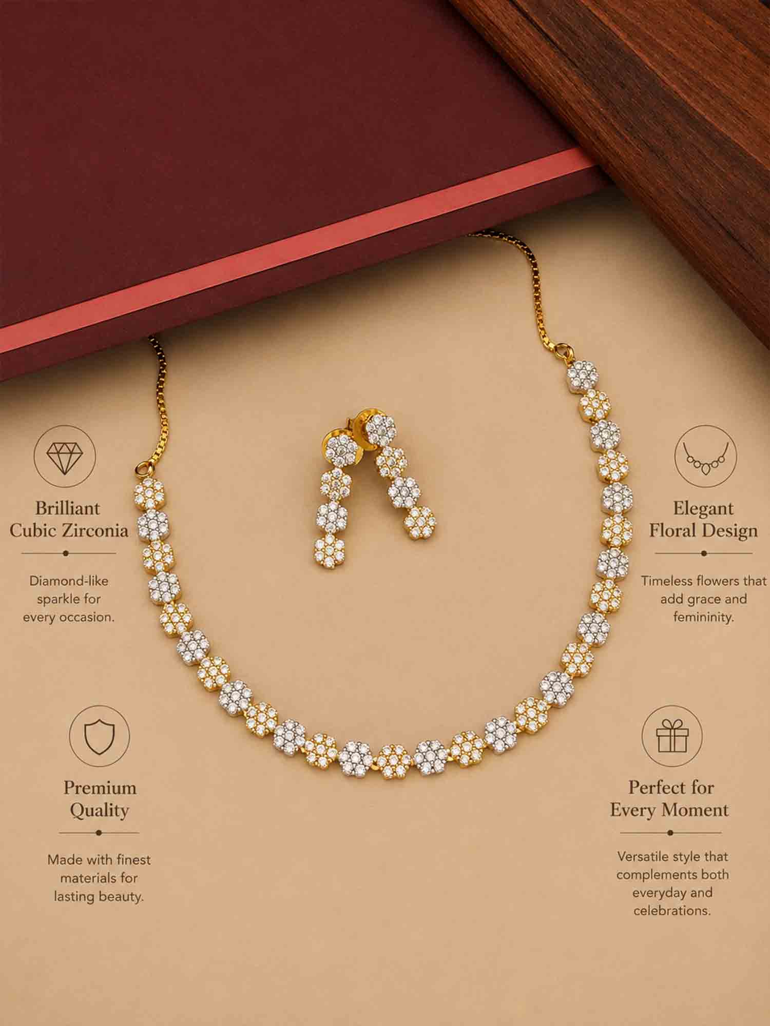 Abdesigns Floral American Diamond Necklace Set