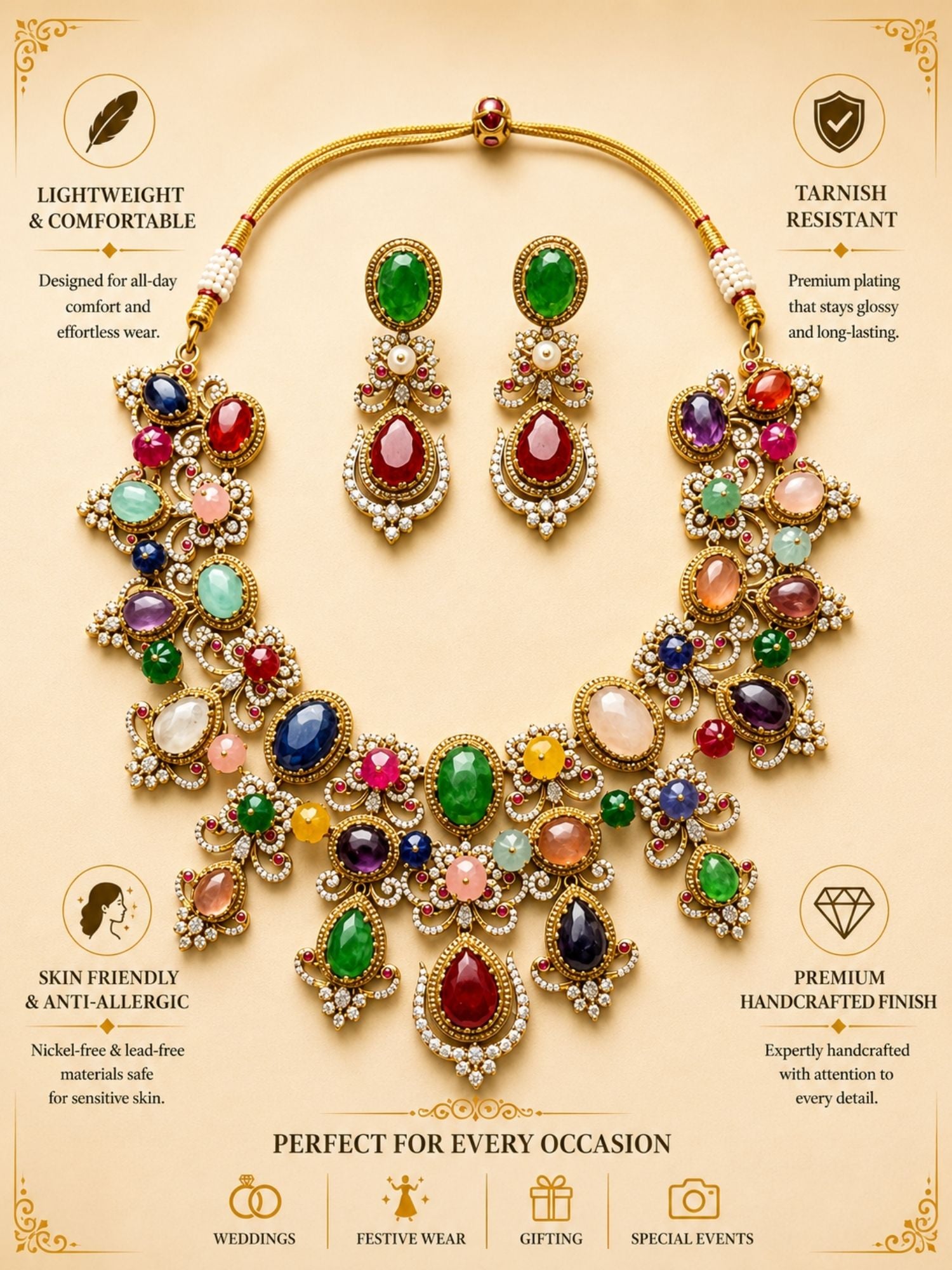 Multicolour Navratna Kundan Statement Necklace Set with Earrings - necklace by Abdesigns Jewellery