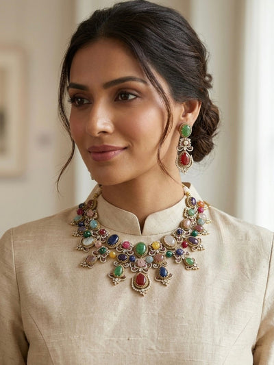 Abdesigns Multicolour Navratna Kundan Statement Necklace Set with Earrings