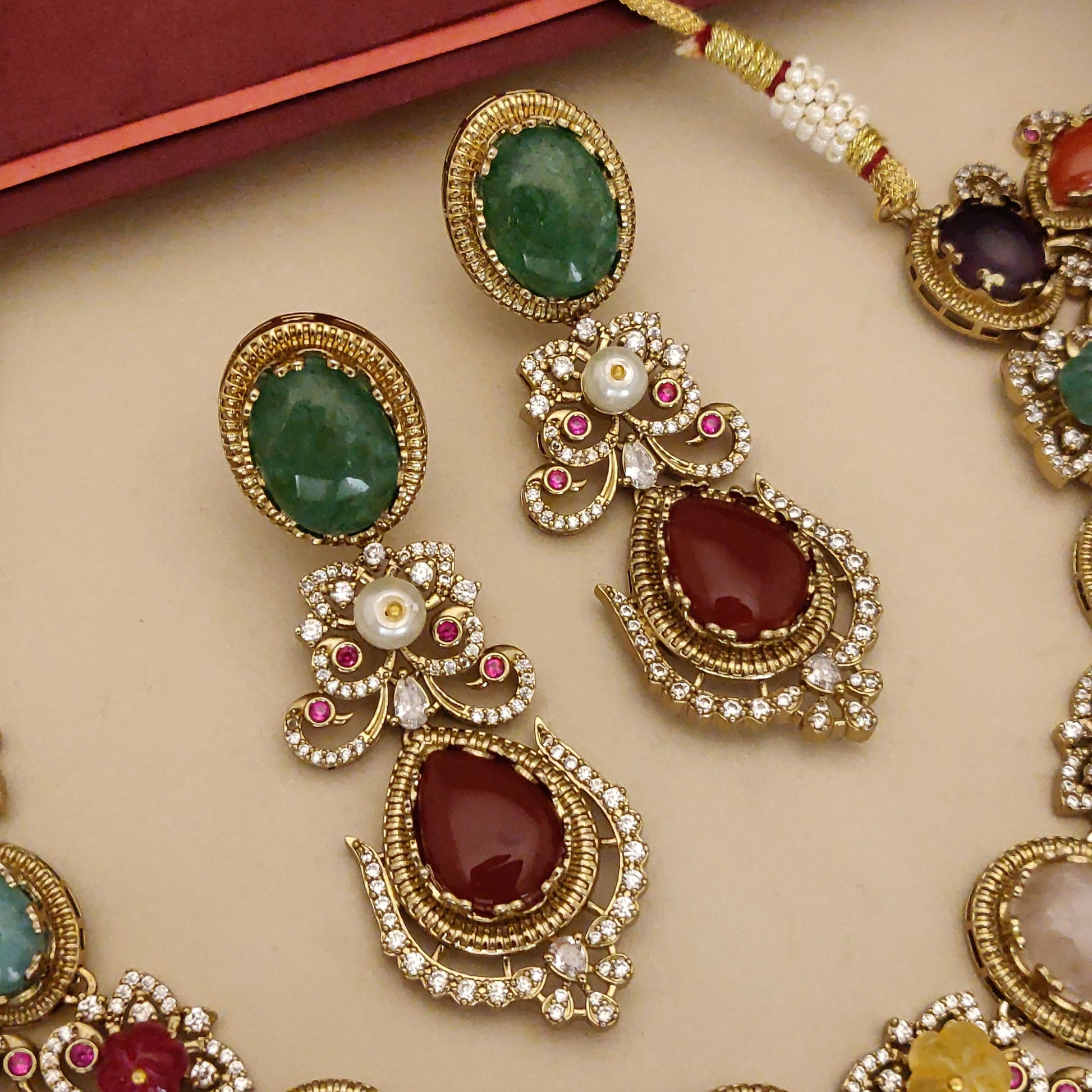 Multicolour Navratna Kundan Statement Necklace Set with Earrings - necklace by Abdesigns Jewellery