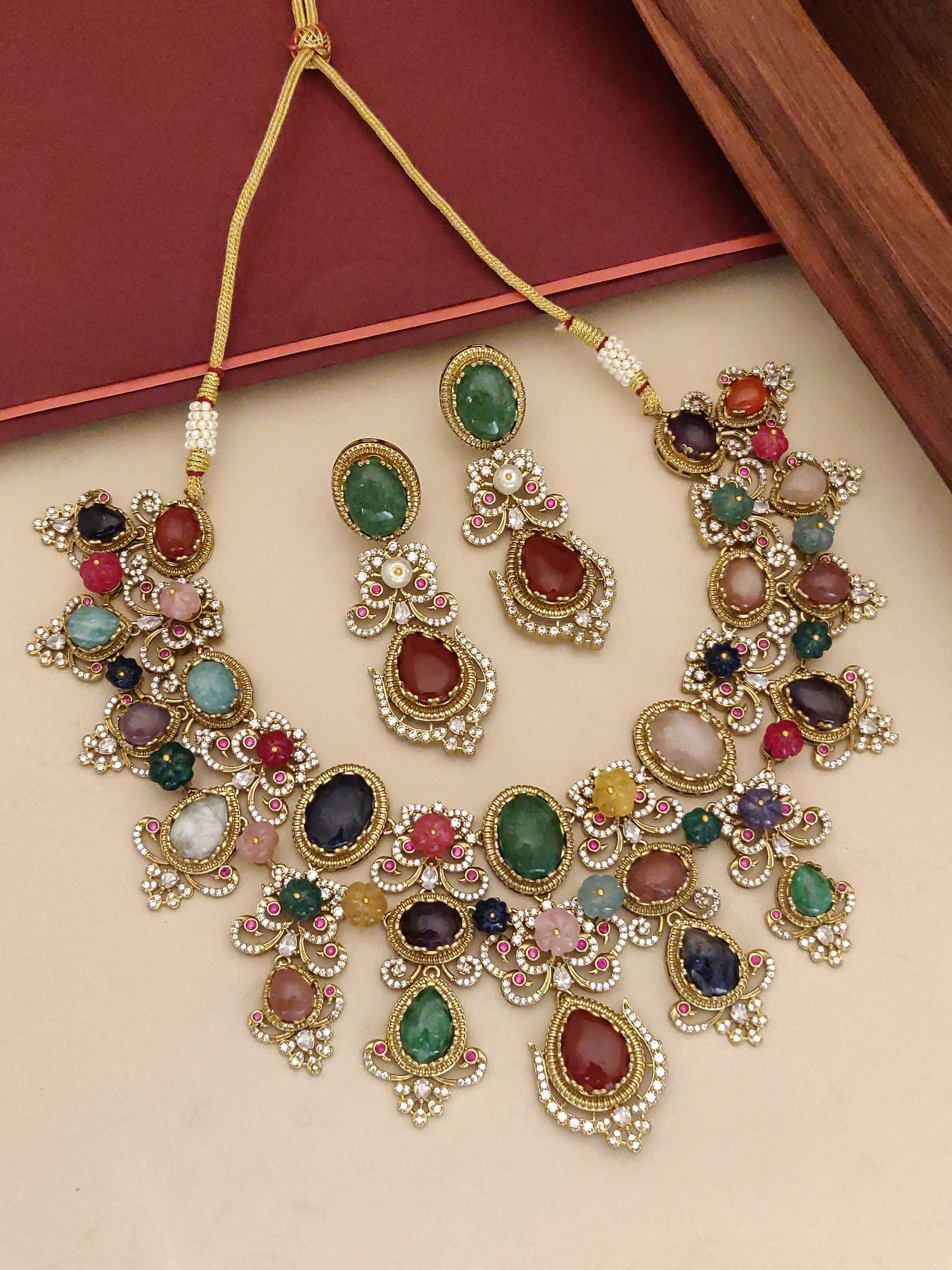 Multicolour Navratna Kundan Statement Necklace Set with Earrings - necklace by Abdesigns Jewellery