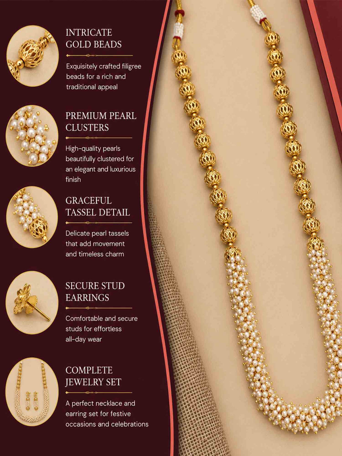 Elegant Gold Plated Beads Necklace Set with matching earrings, perfect for special occasions