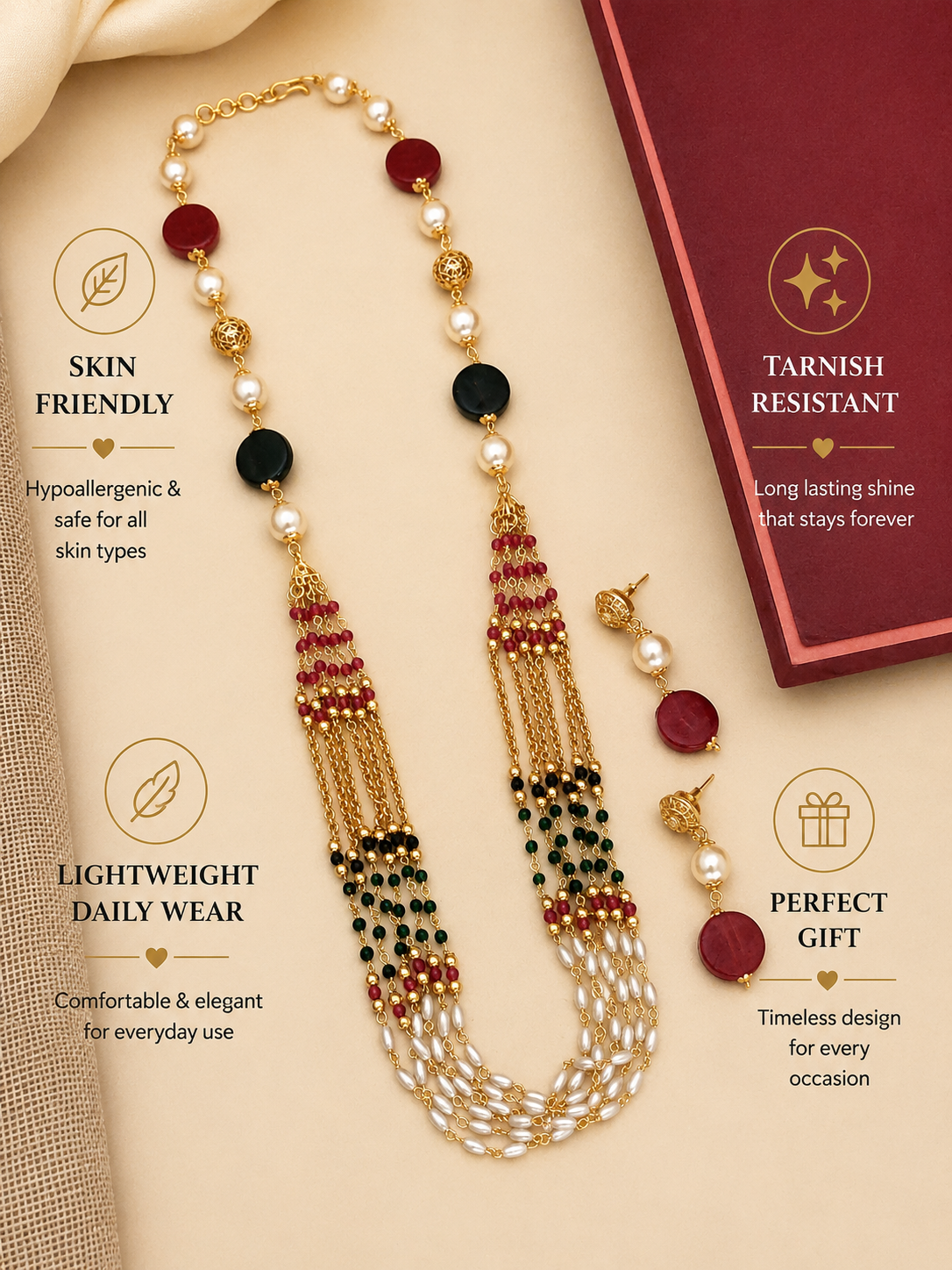 Traditional Multicolor Pearl Layered Long Necklace Set - necklace by Abdesigns Jewellery