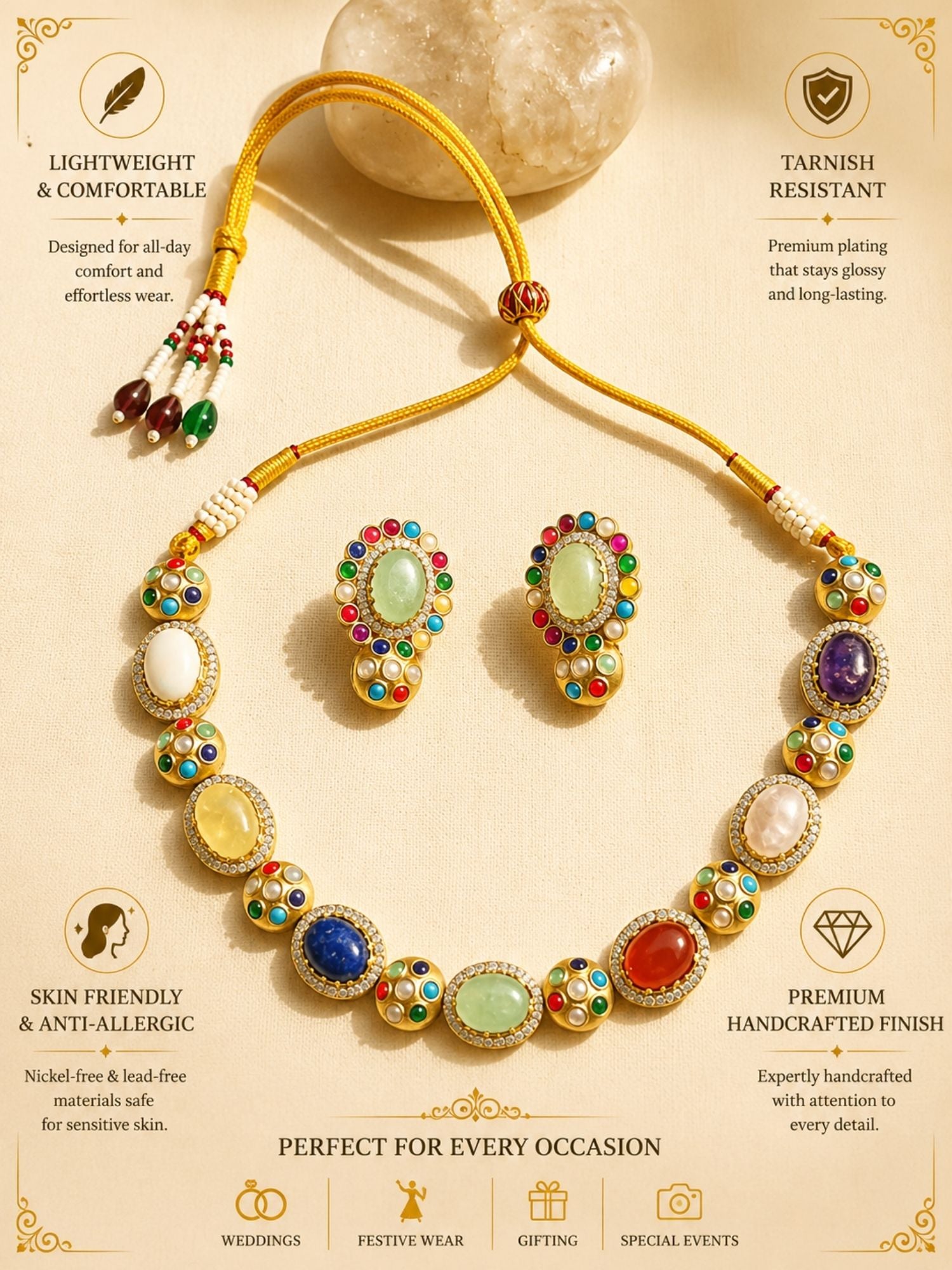 Abdesigns Navratna Kundan Necklace Set with Earrings