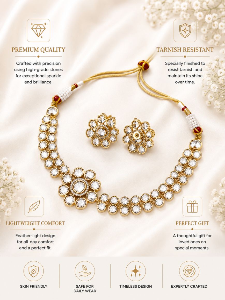Abdesigns Gold Plated Polki Flower Necklace Set