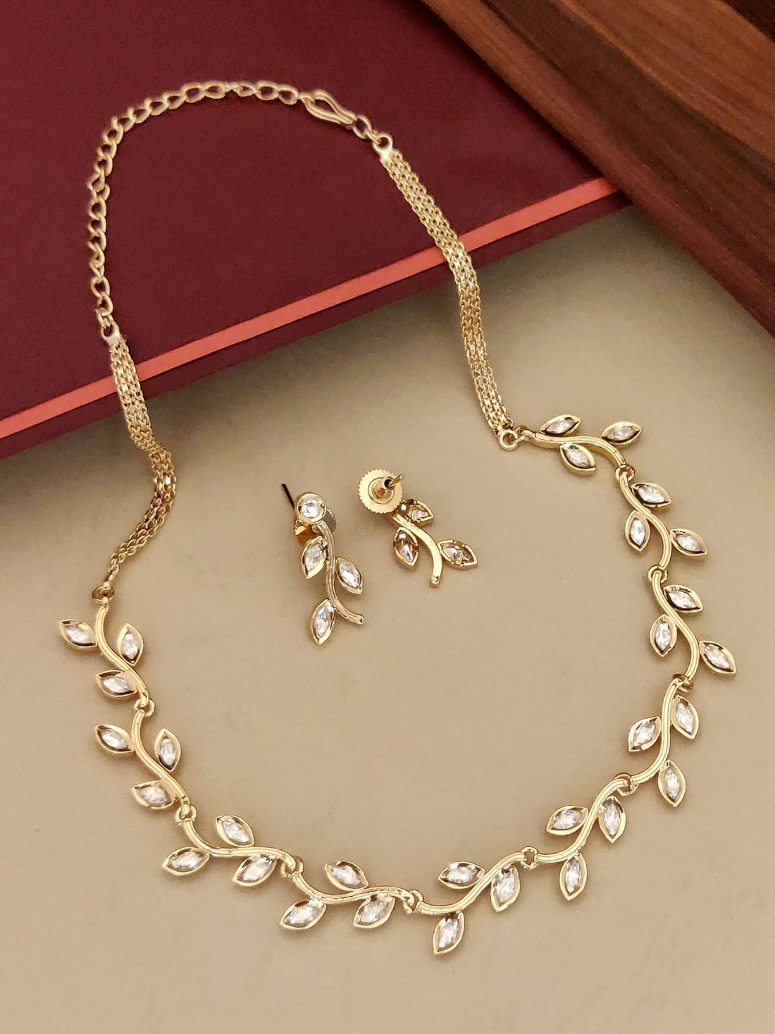 Abdesignsjewellery gold leaf necklace and matching earrings with crystals delicate artificial jewelry set for women