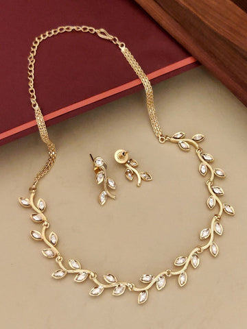 Abdesignsjewellery gold leaf necklace and matching earrings with crystals delicate artificial jewelry set for women