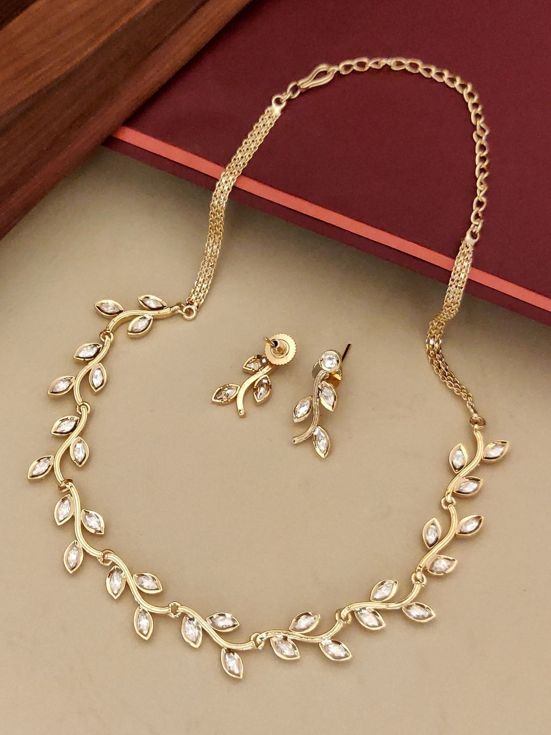 Abdesignsjewellery gold leaf necklace and matching earrings with crystals delicate artificial jewelry set for women