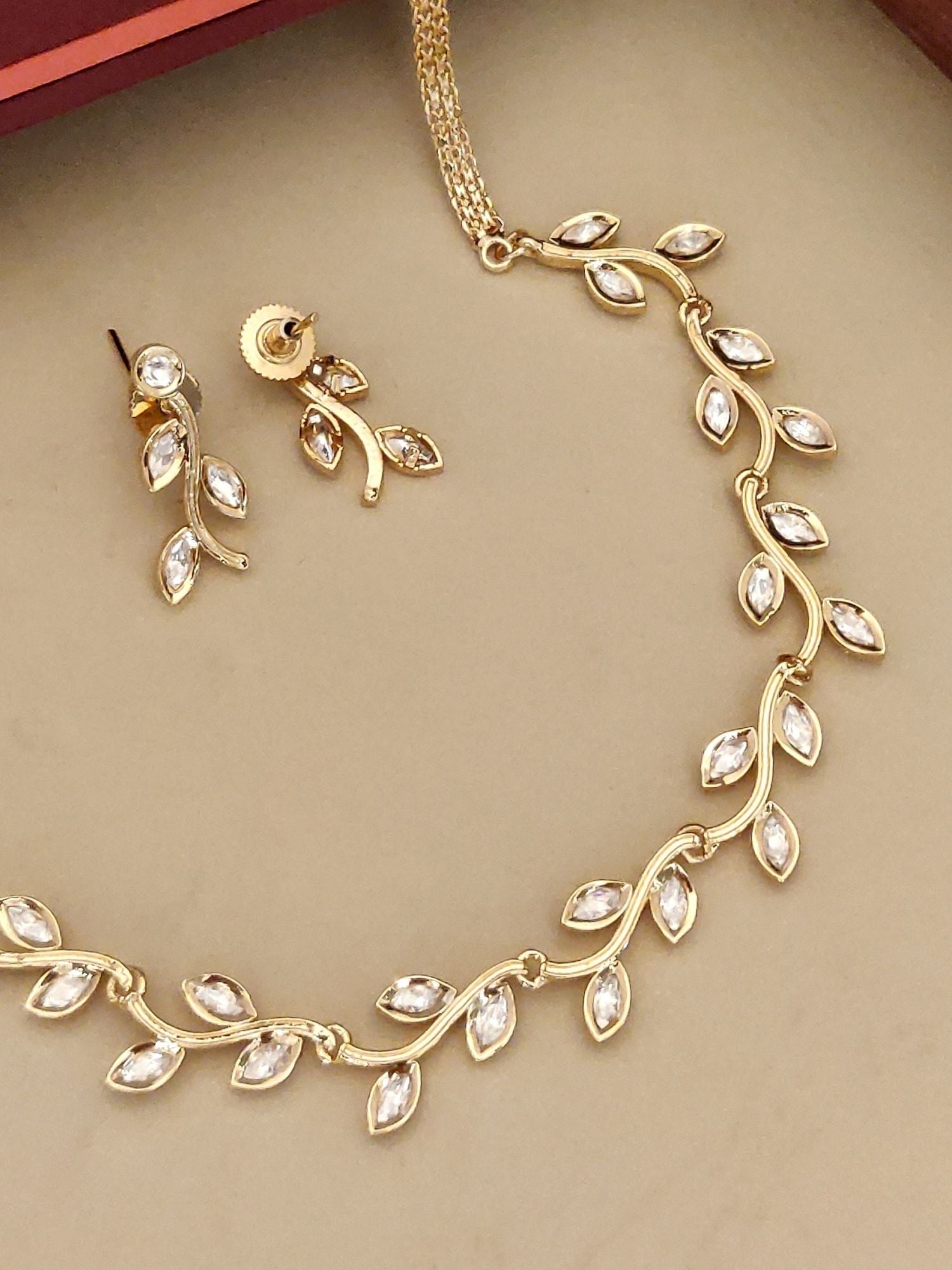 Abdesignsjewellery gold leaf necklace and matching stud earrings delicate artificial jewelry set for women