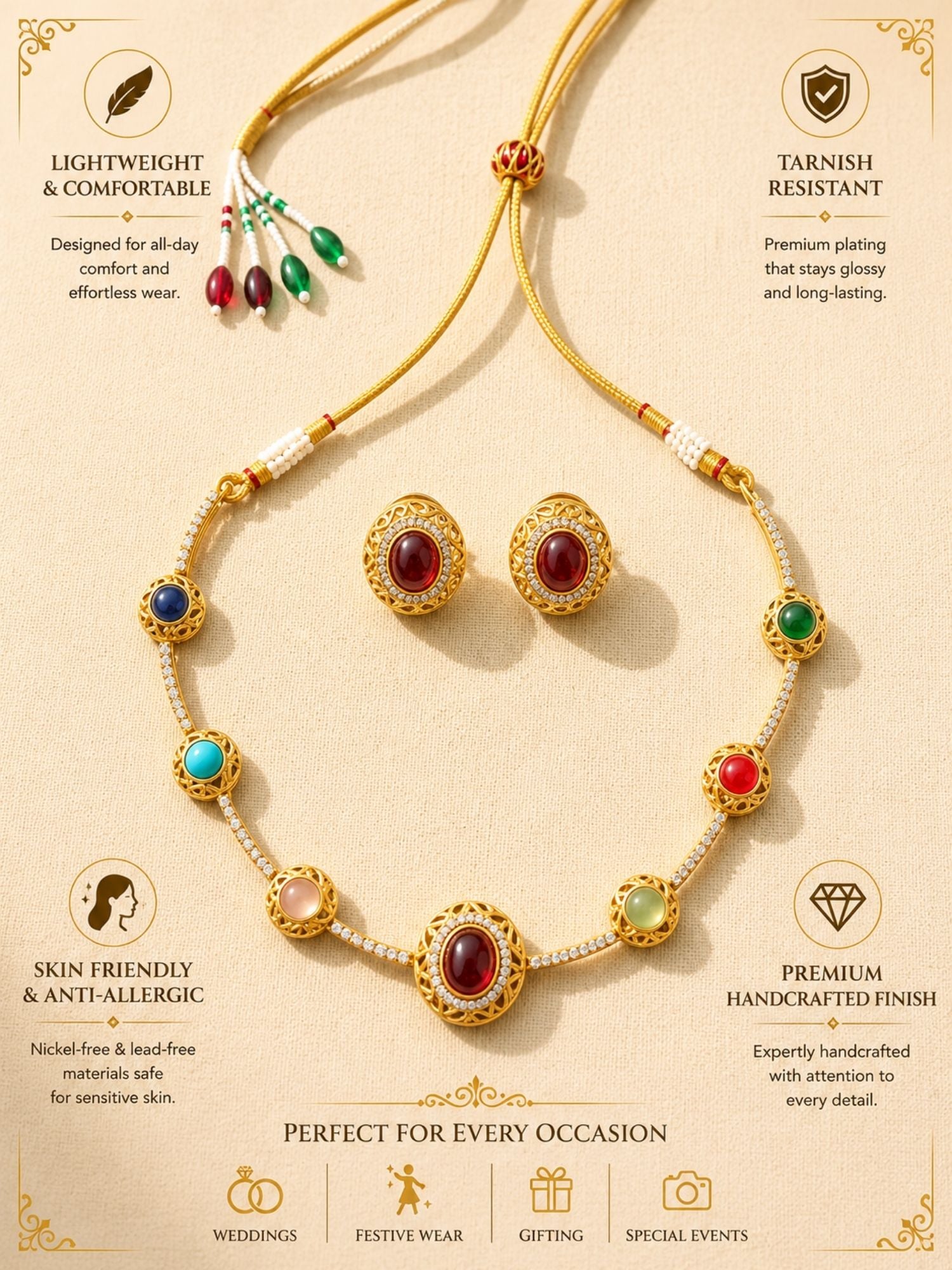 Abdesigns Navratna Stone Necklace Set with Earrings