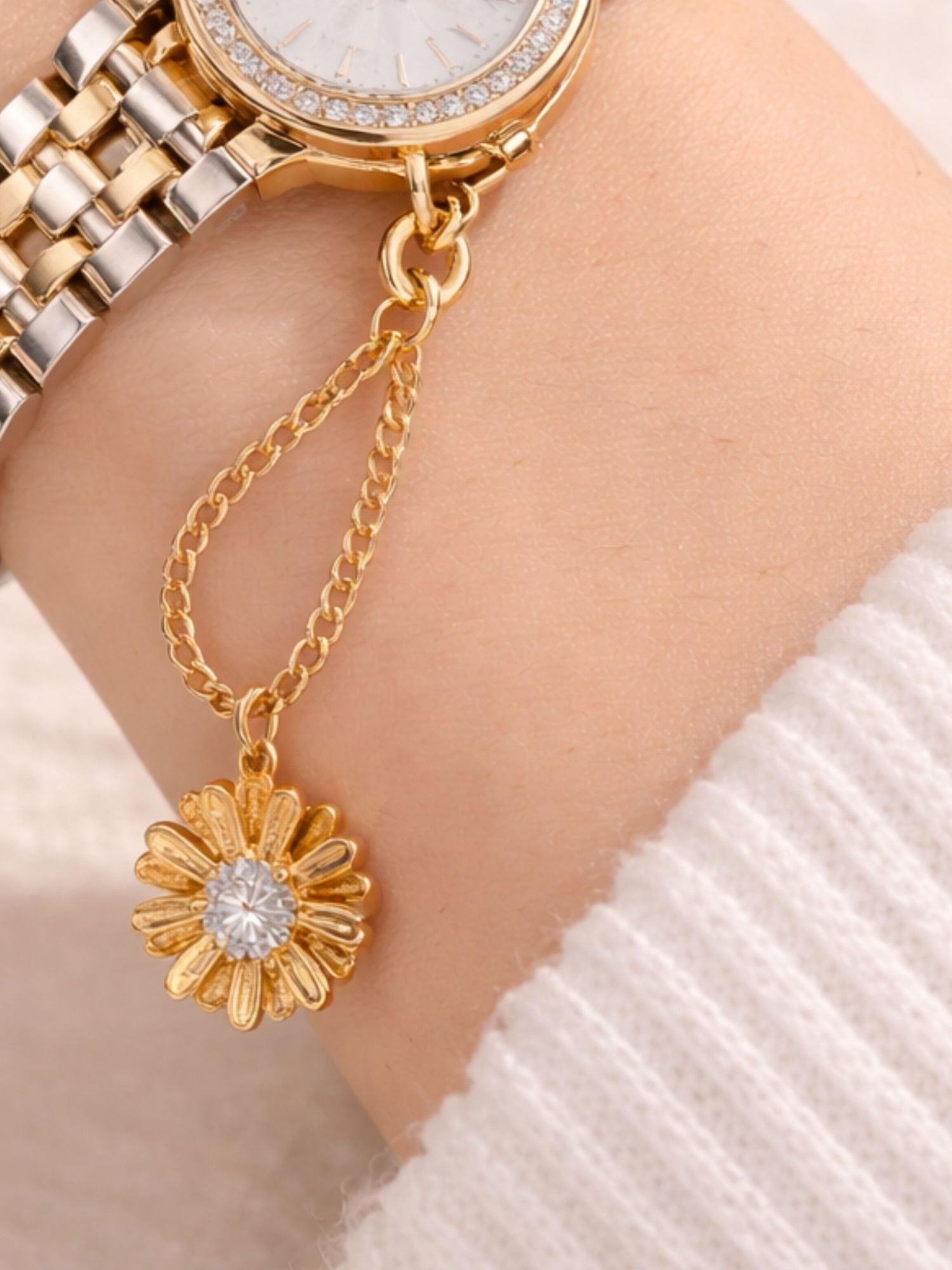 925 Sterling Silver Gold Plated CZ Flower Watch Charm