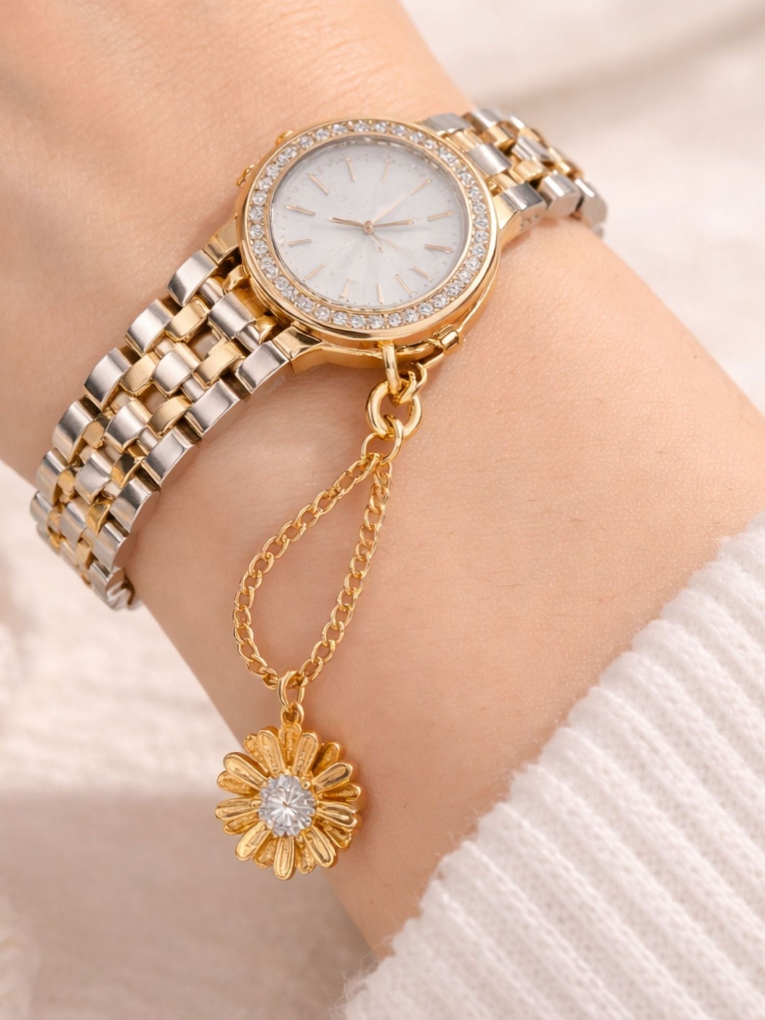 925 Sterling Silver Gold Plated CZ Flower Watch Charm