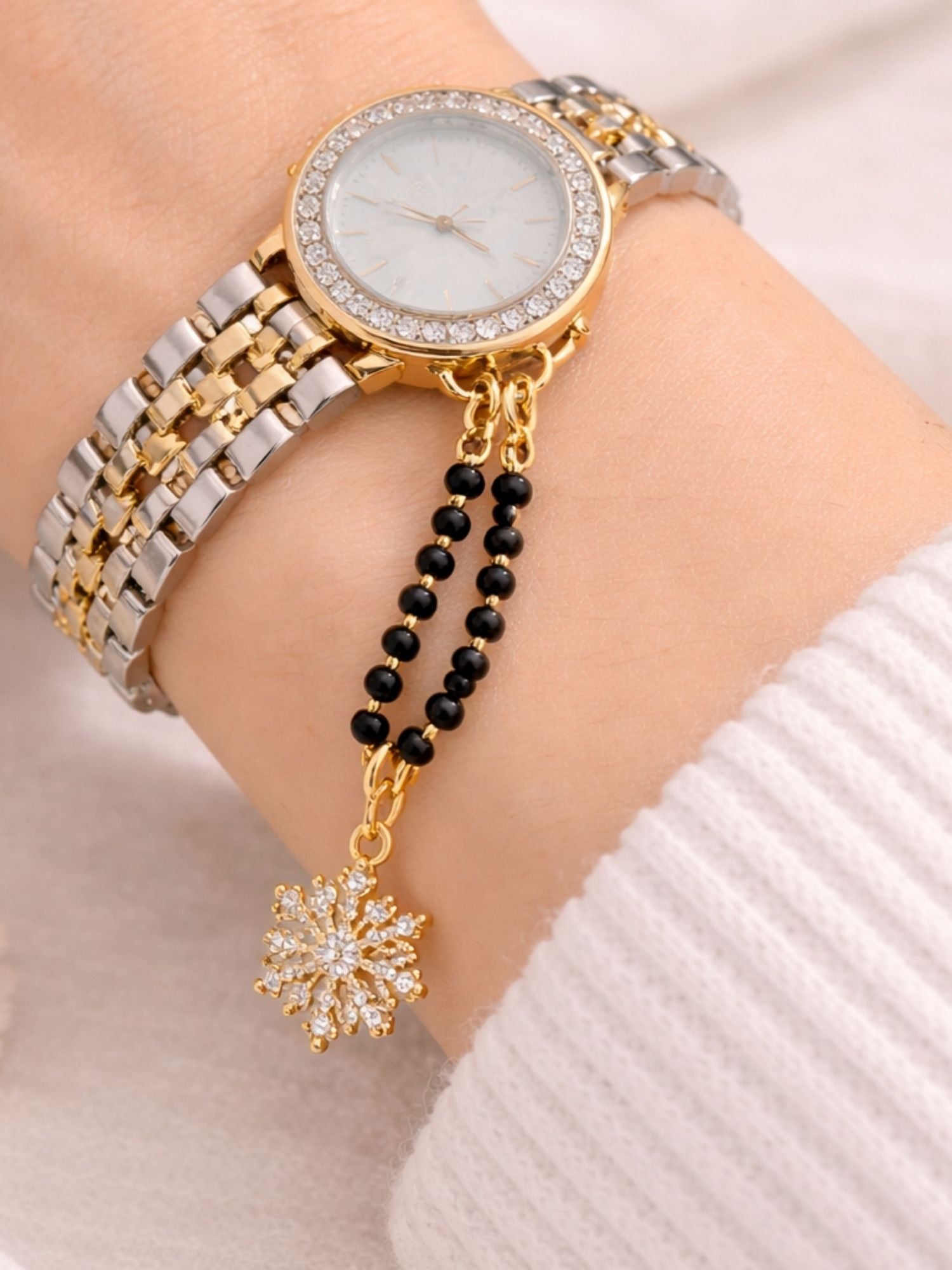 925 Sterling Silver Gold Plated BlackBead Flower Watch Charm