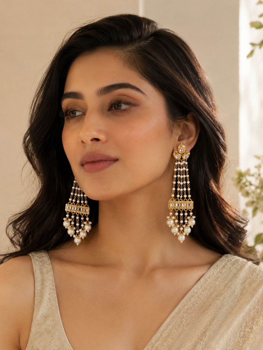Gold plated Kundan pearl long tassel earrings – view 1