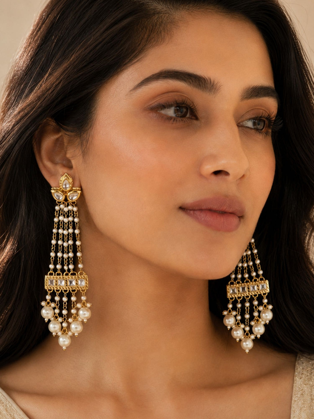 Gold plated Kundan pearl long tassel earrings – view 1