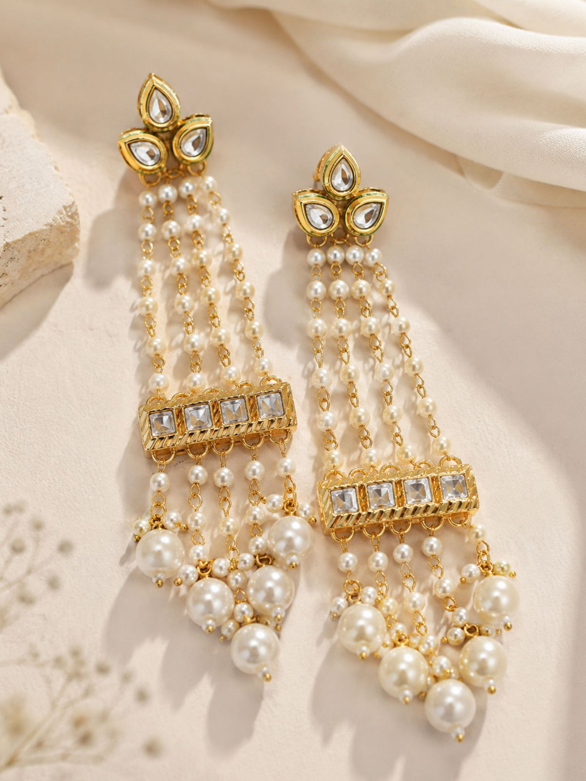 Gold plated Kundan pearl long tassel earrings – view 3