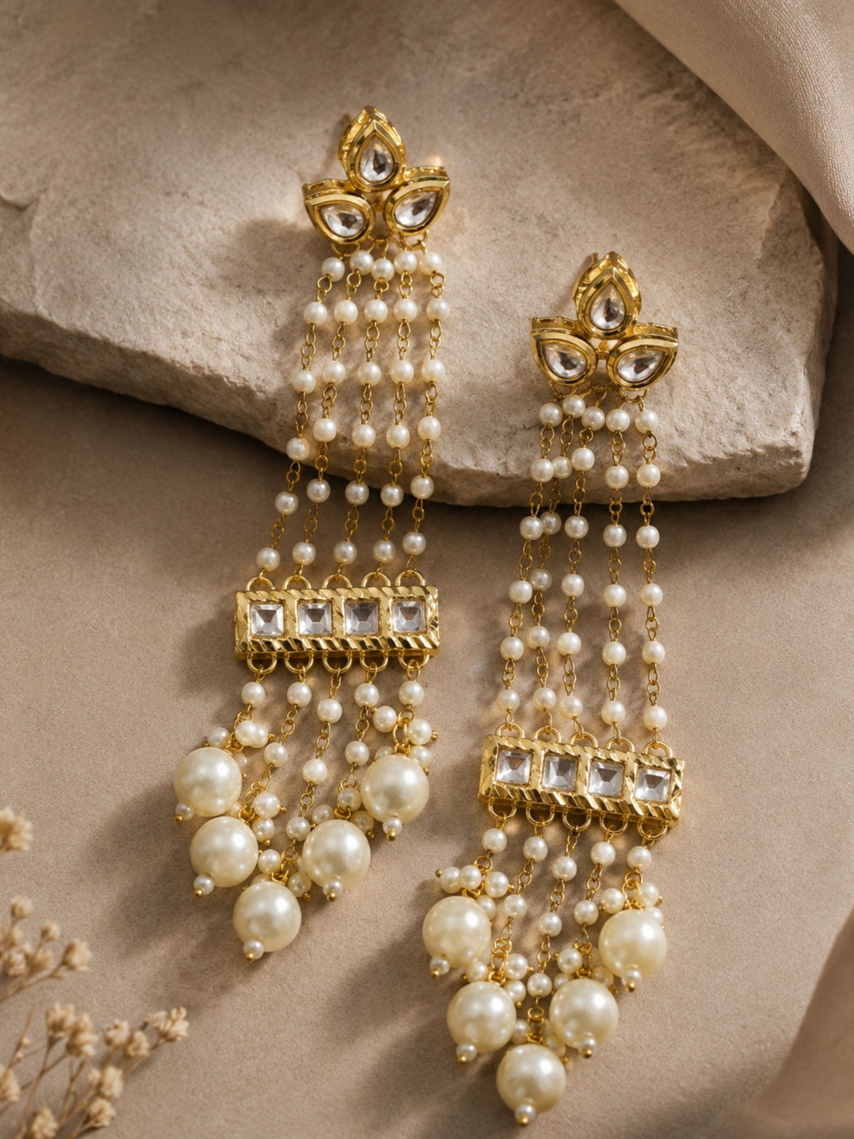 Gold plated Kundan pearl long tassel earrings – view 4