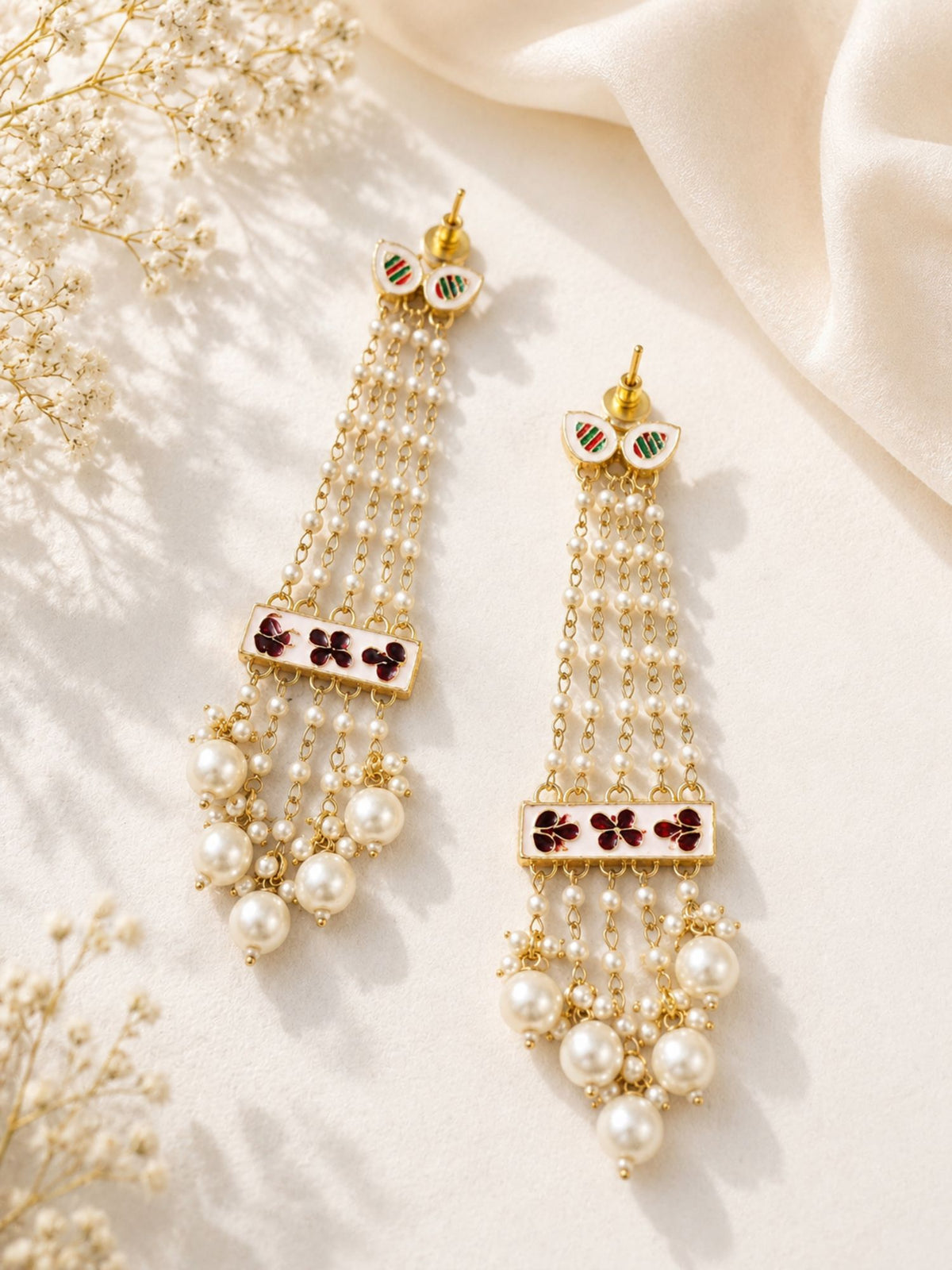 Gold plated Kundan pearl long tassel earrings – view 5