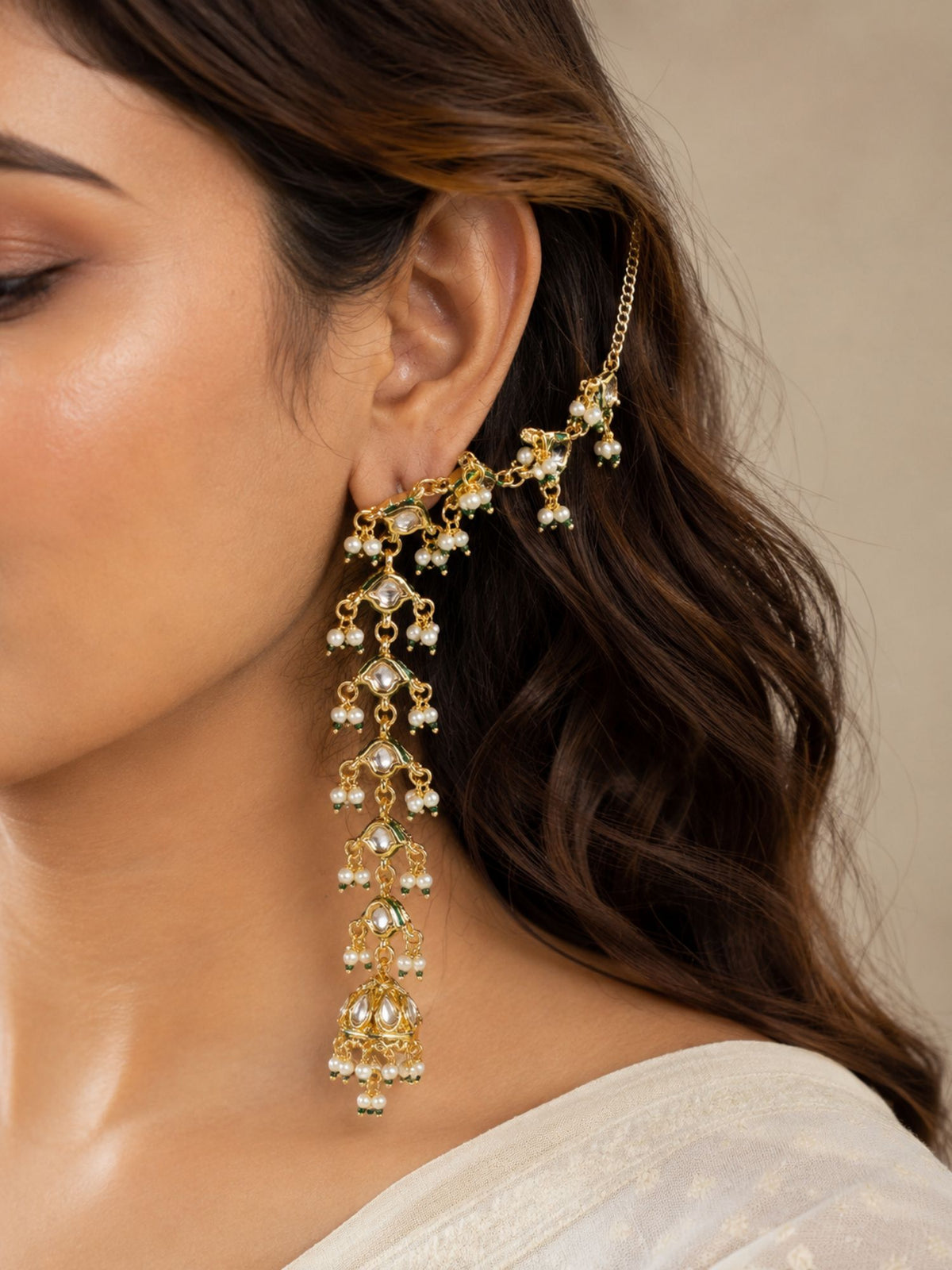 Kundan pearl ear chain jhumka earrings – view 3